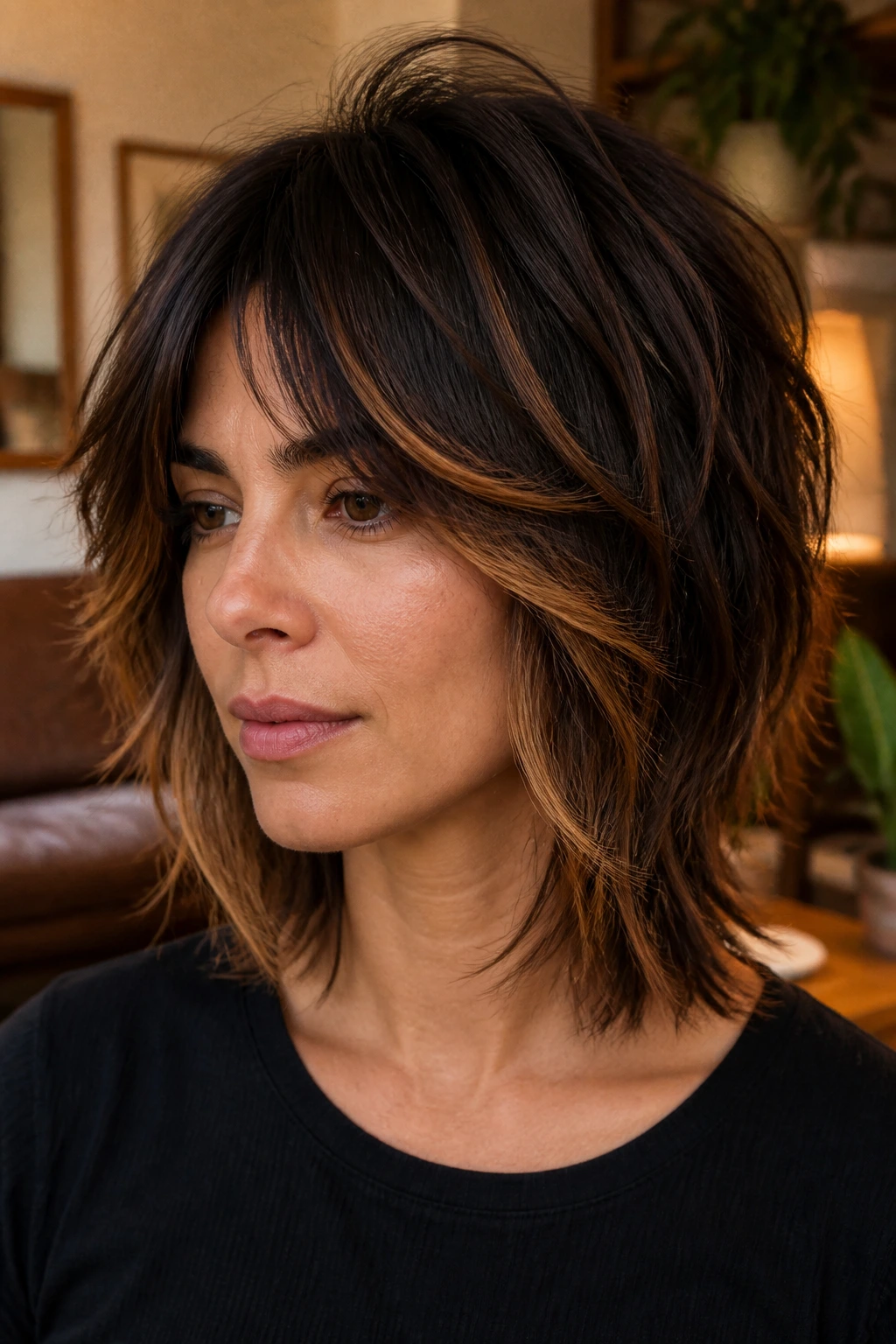 Close-up of a real woman with layered shag showing honey tips on ends in warm indoor light