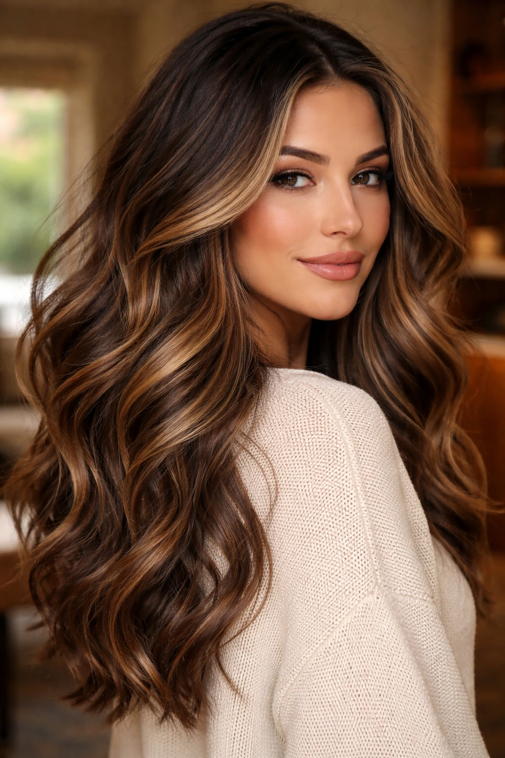 Close-up of hair with honey-toffee swirl highlights