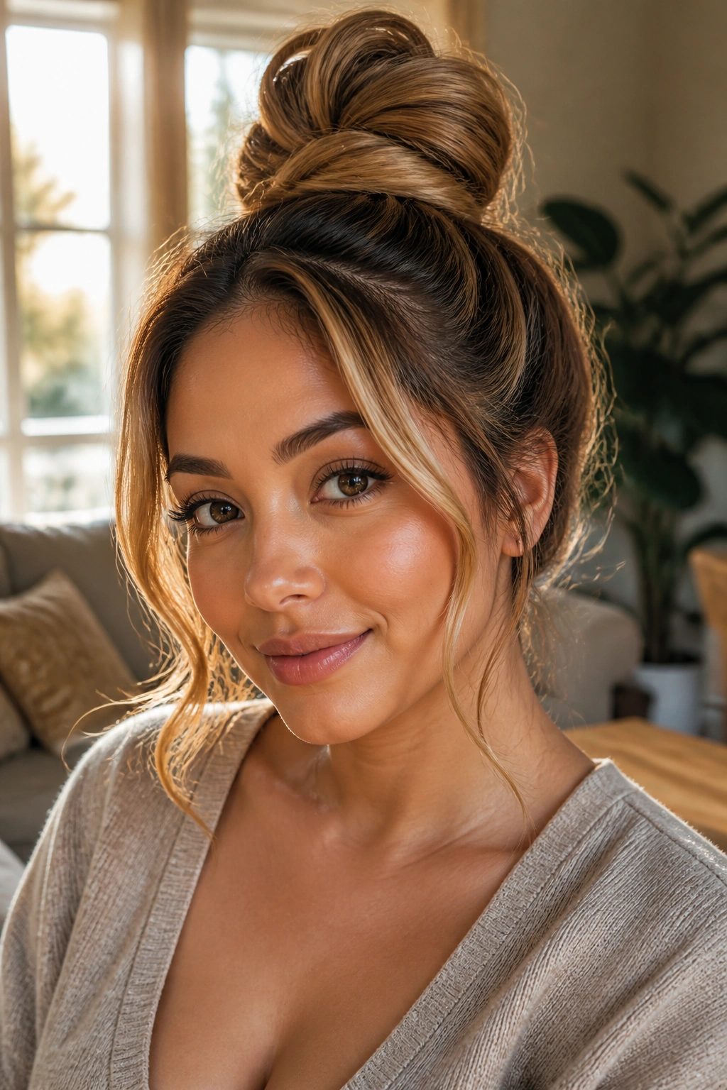 Close-up portrait of a real woman with a high honey top knot and loose tendrils