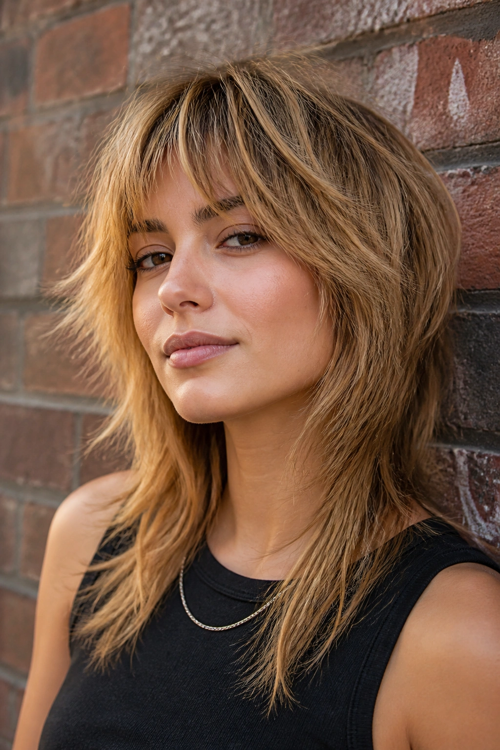 Close-up of a real woman with honey wolf cut and broken ends
