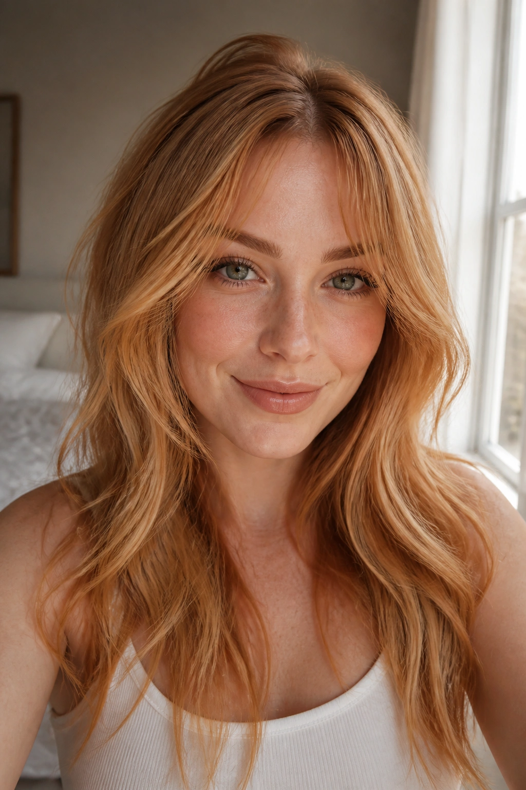 Close-up of a real woman with wispy honeyed apricot ginger face pieces.