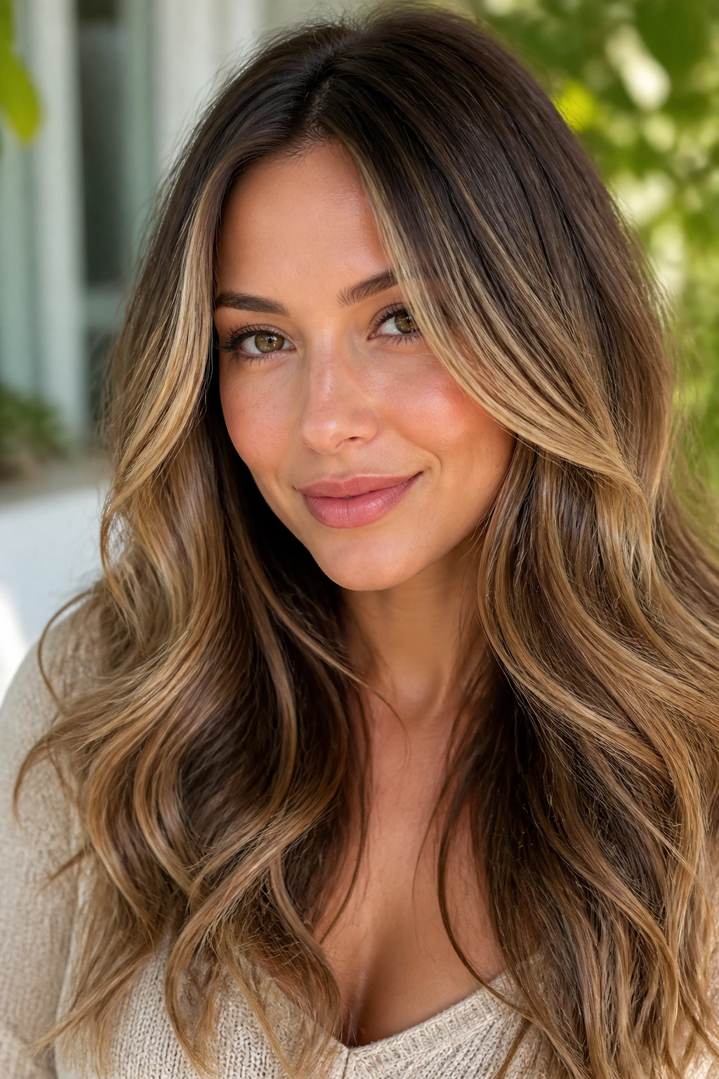 Close-up of a real woman with honeyed bronde balayage and soft dimension