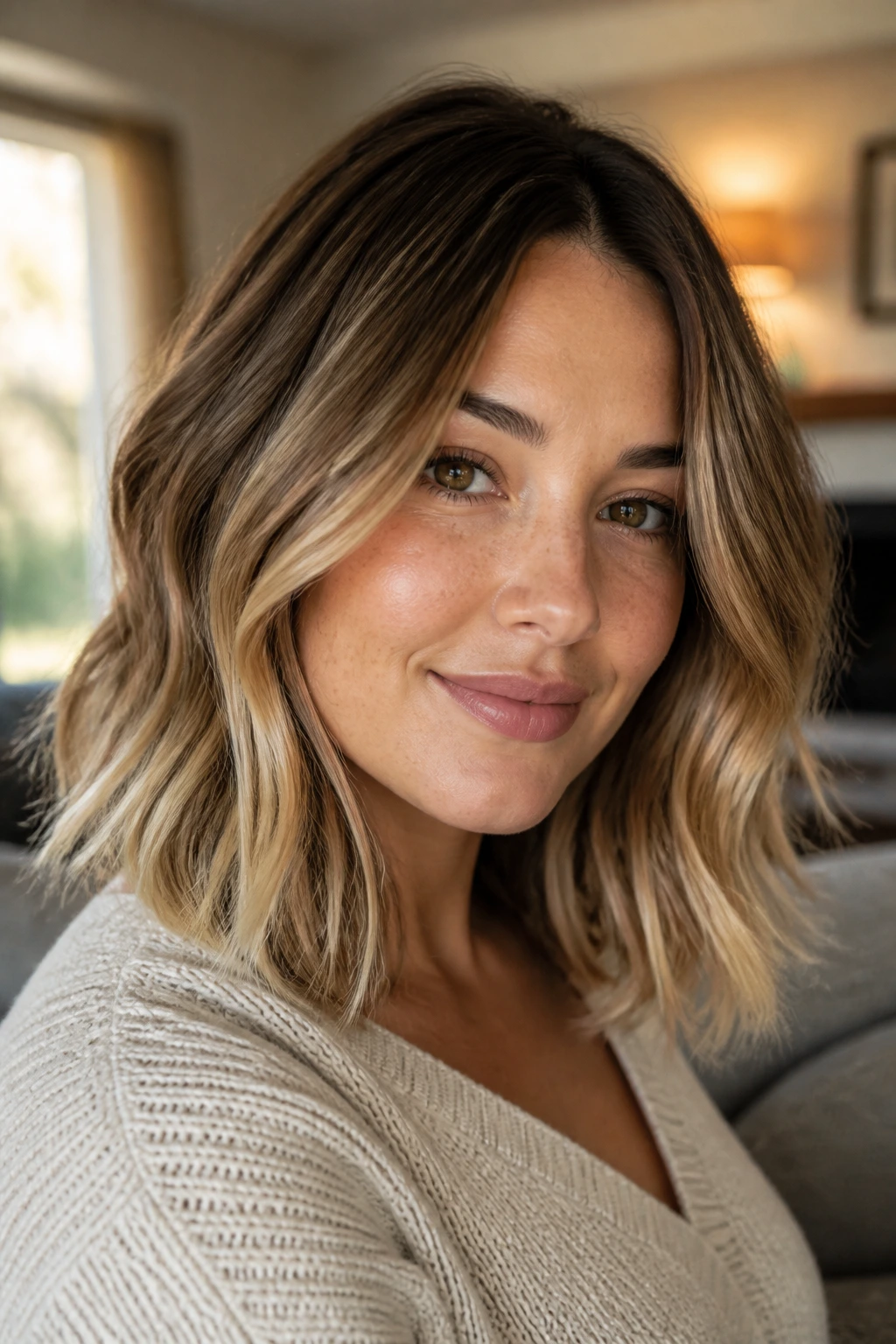 Close-up of a real woman's honeyed bronde hair with bright ends in soft window light