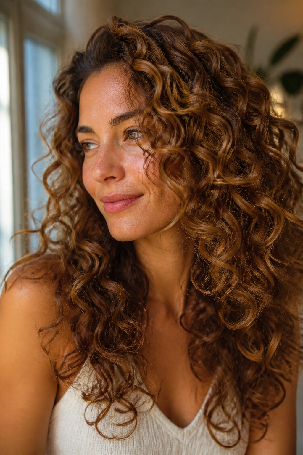 Honeyed brown curls with layered texture and warm glow