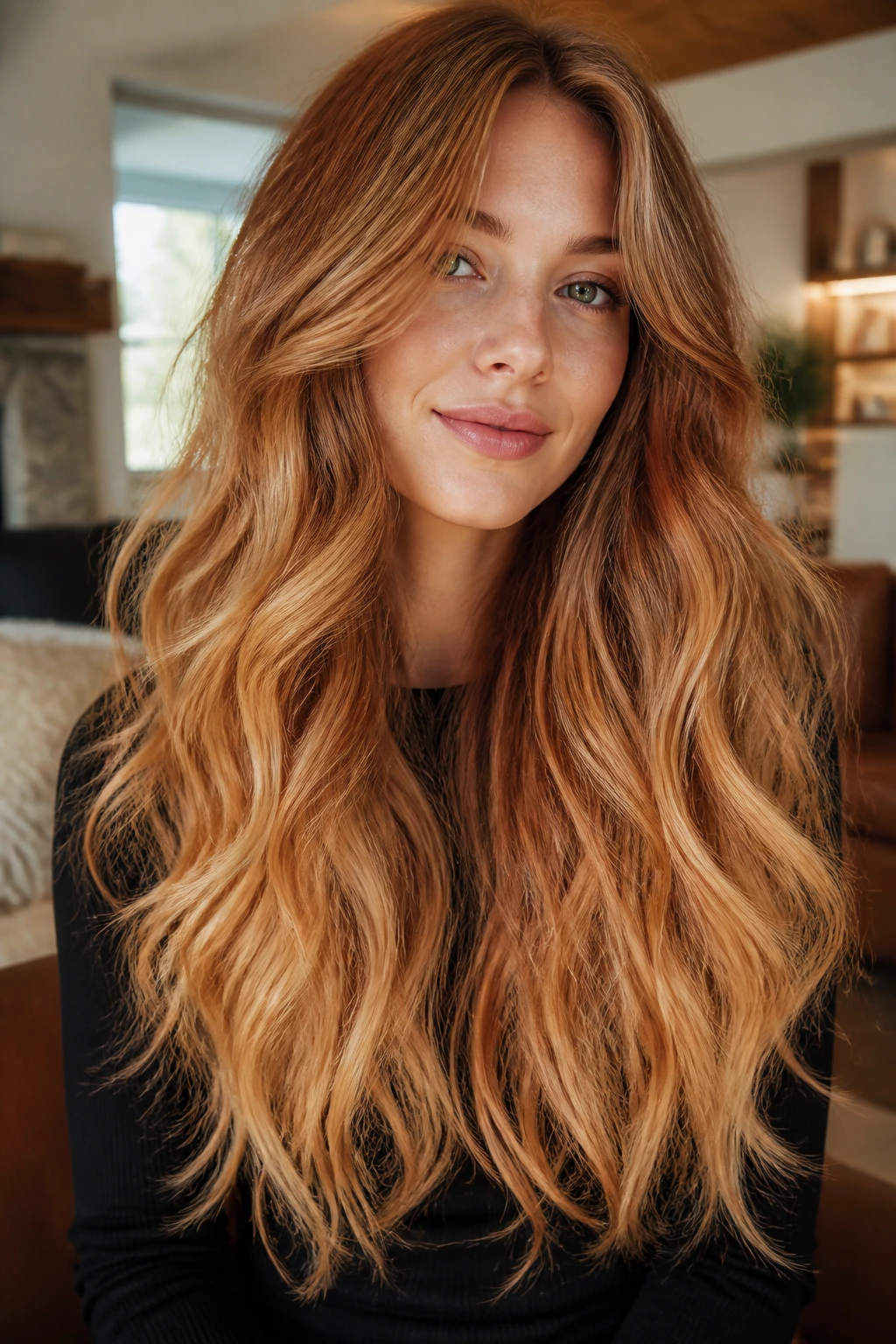 Thick long hair with honeyed strawberry ends.