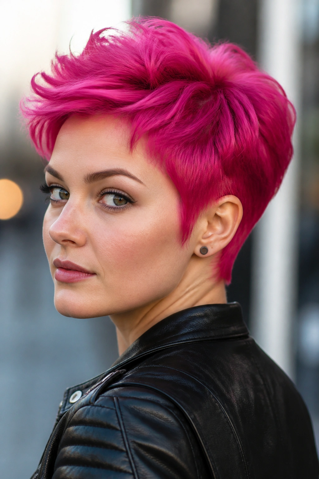 Close-up of real woman with hot pink bixie and tapered nape