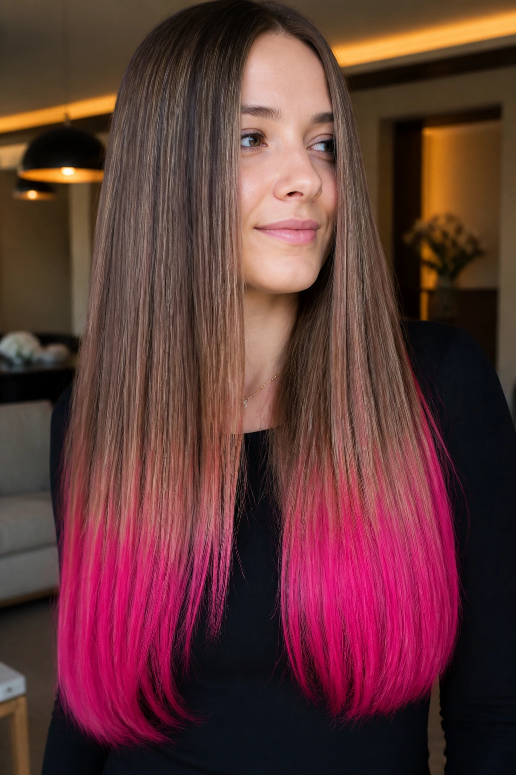 Close-up portrait of a real woman with hot pink dip-dye ends on long hair.