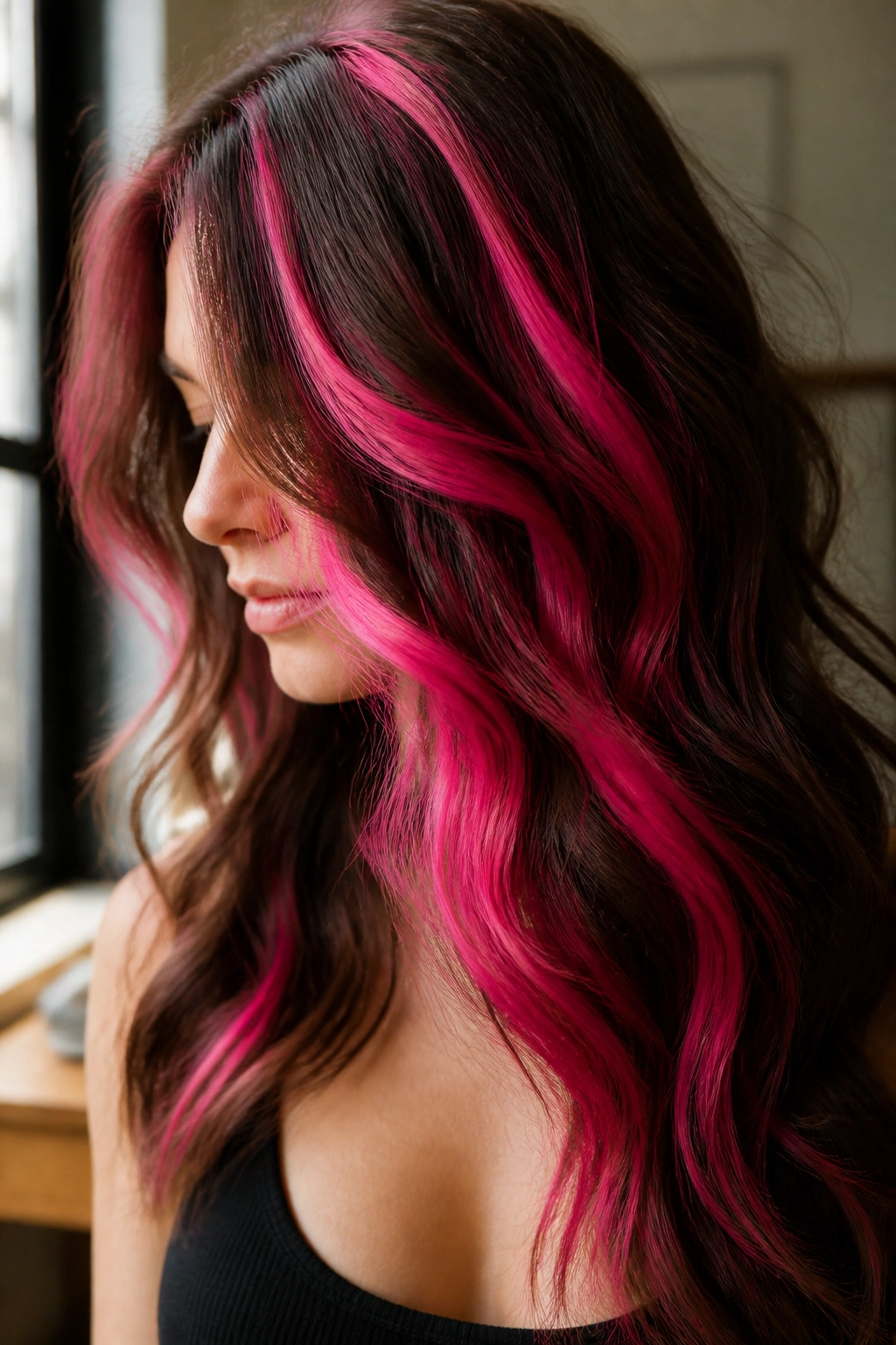Close-up of bold hot pink ribbon highlights in brown hair