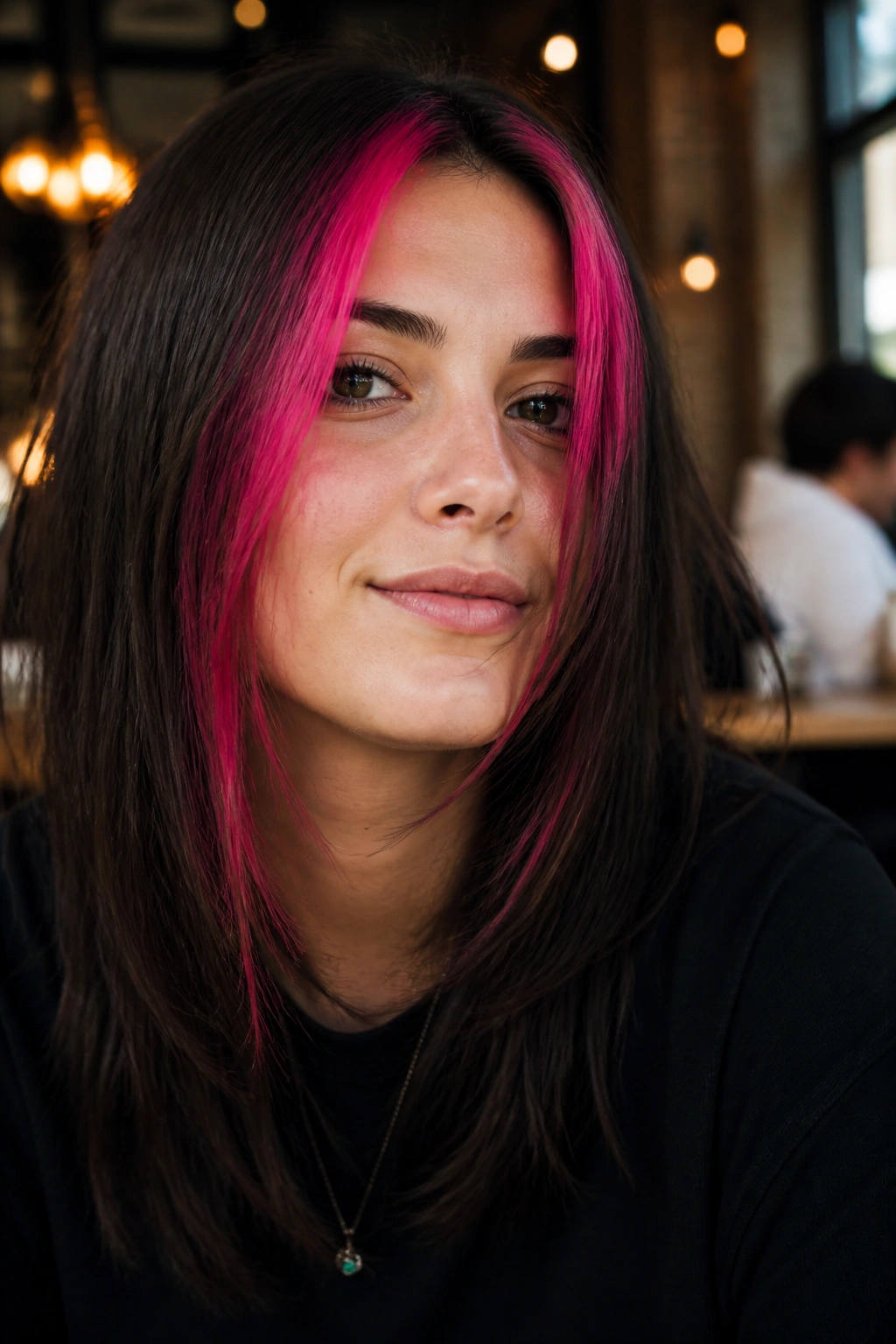 Close-up of a real woman with brown hair showing a bold hot pink slice highlight at the front