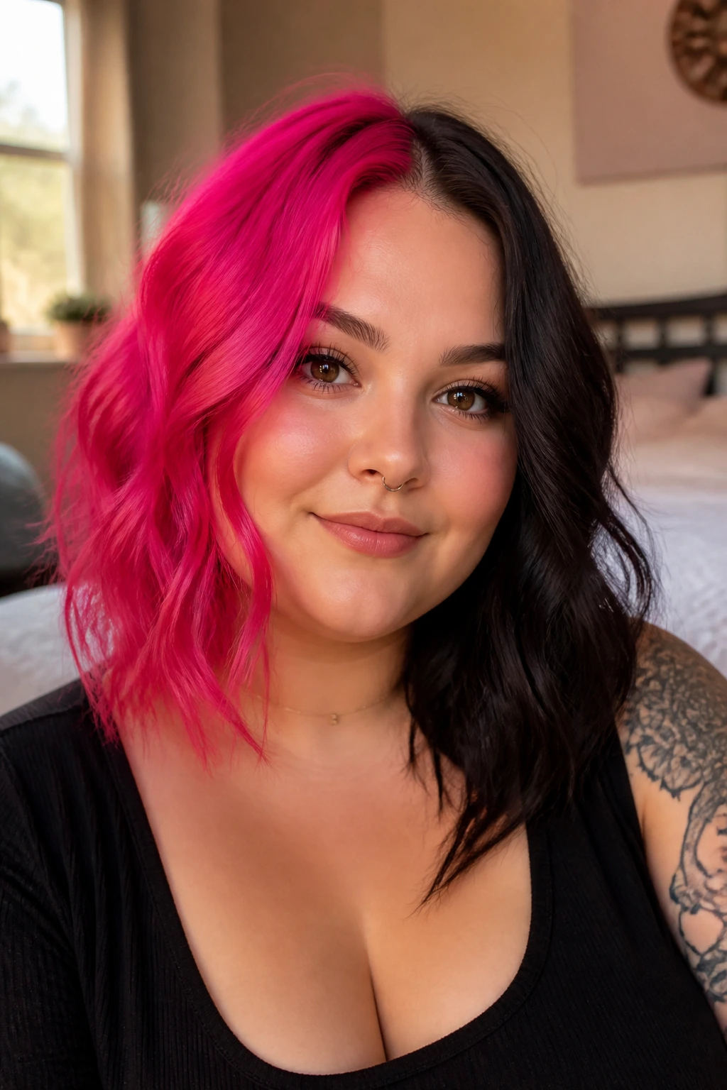 Close-up of a real person with hot pink split-dye hair, half pink half dark, window-lit bedroom.