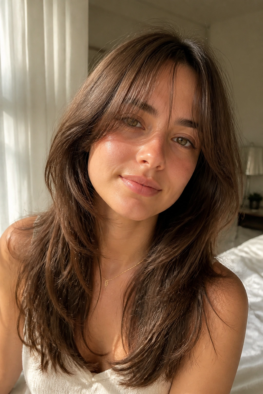 Close-up of a real woman with a soft hush cut and loose fringe