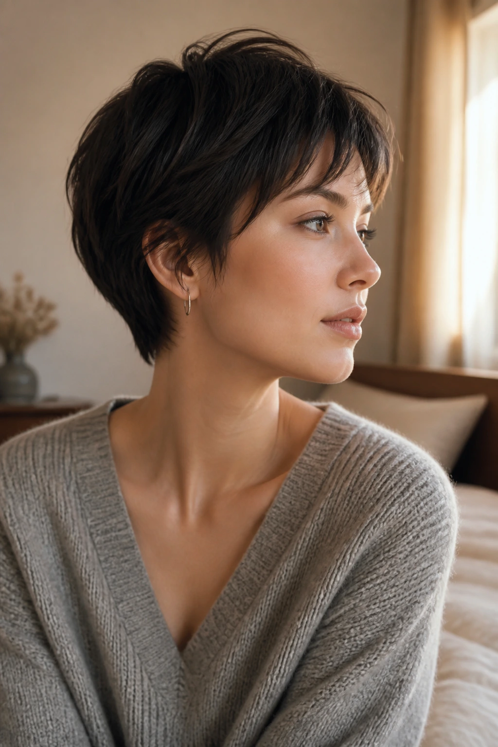 Close-up portrait of a real woman with hush cut pixie in soft light