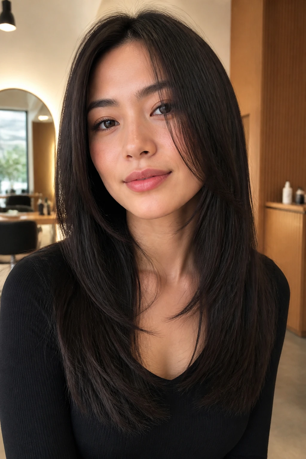 Close-up of real woman with hush cut on straight hair in a stylish salon