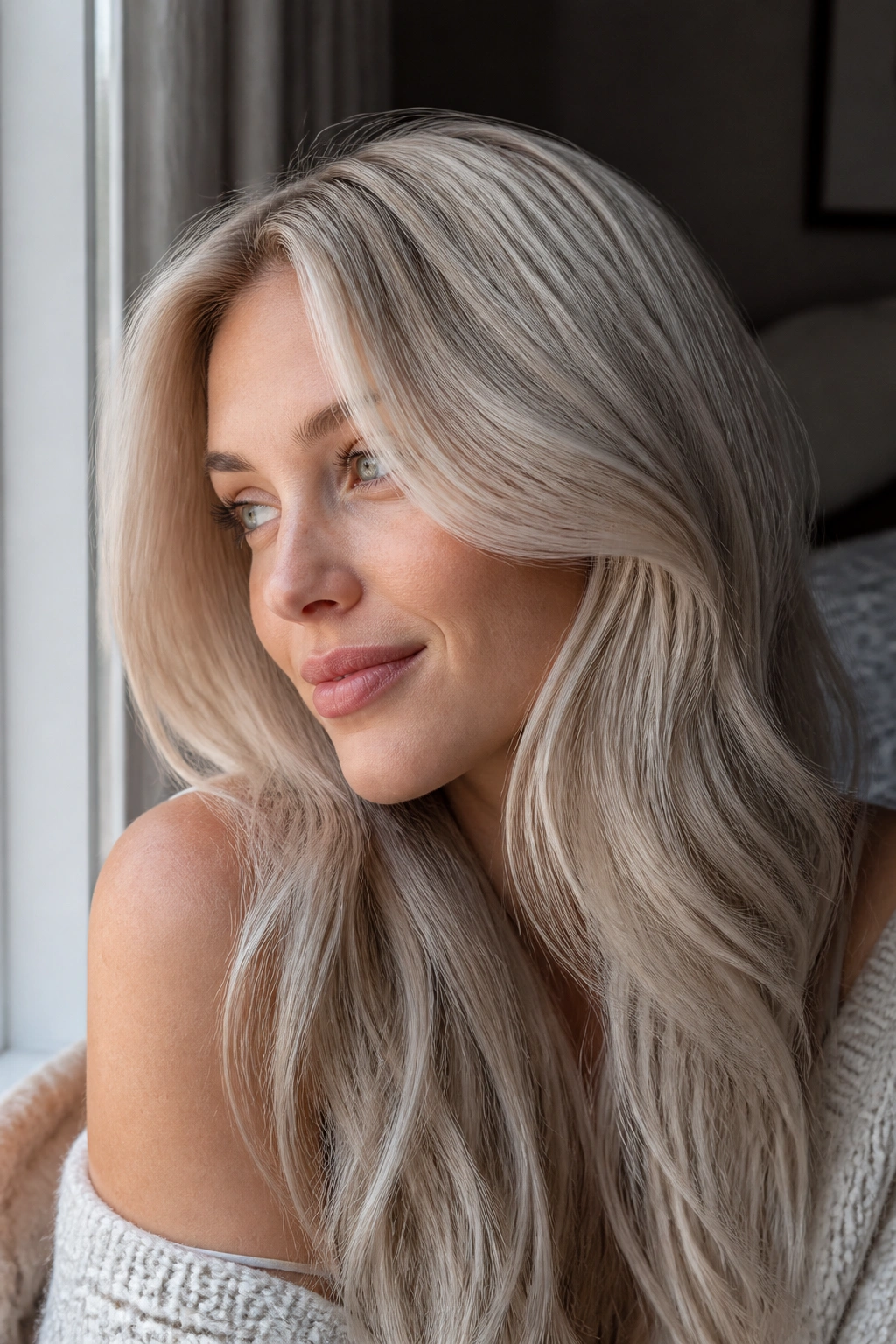 Close-up of real woman's hair in hushed cream blonde with silver undertones.