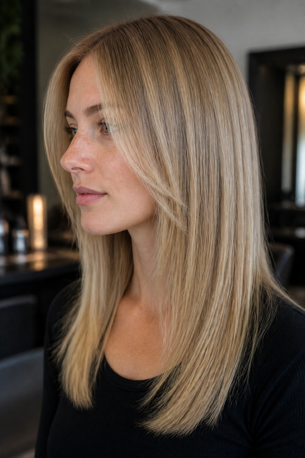 Portrait of a real woman with pin-straight fine hair and soft cheekbone layers.