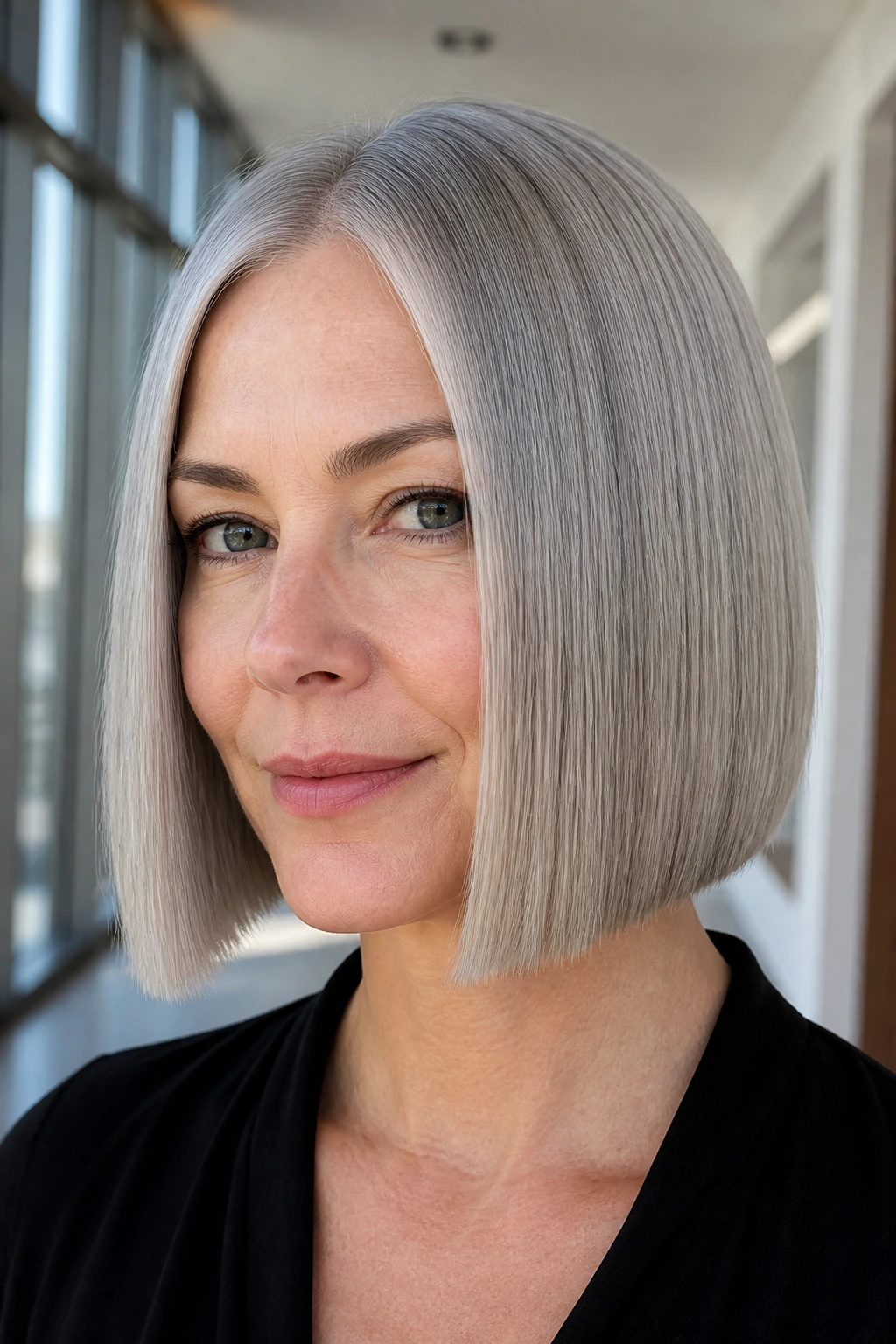 Real woman with ice ash bob and silver sheen