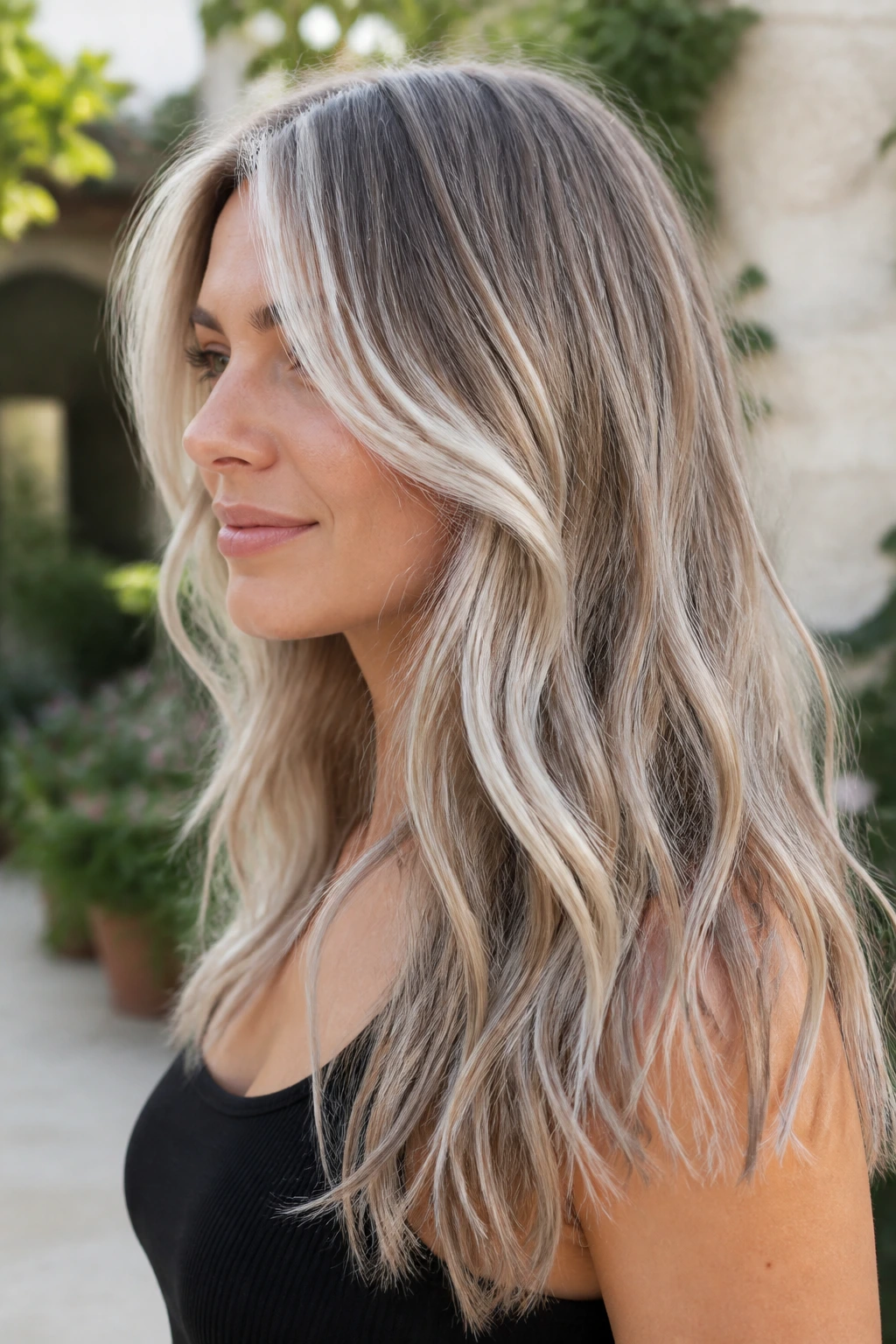 Close-up of a real woman with ice beige foilyage and bright face-framing pieces