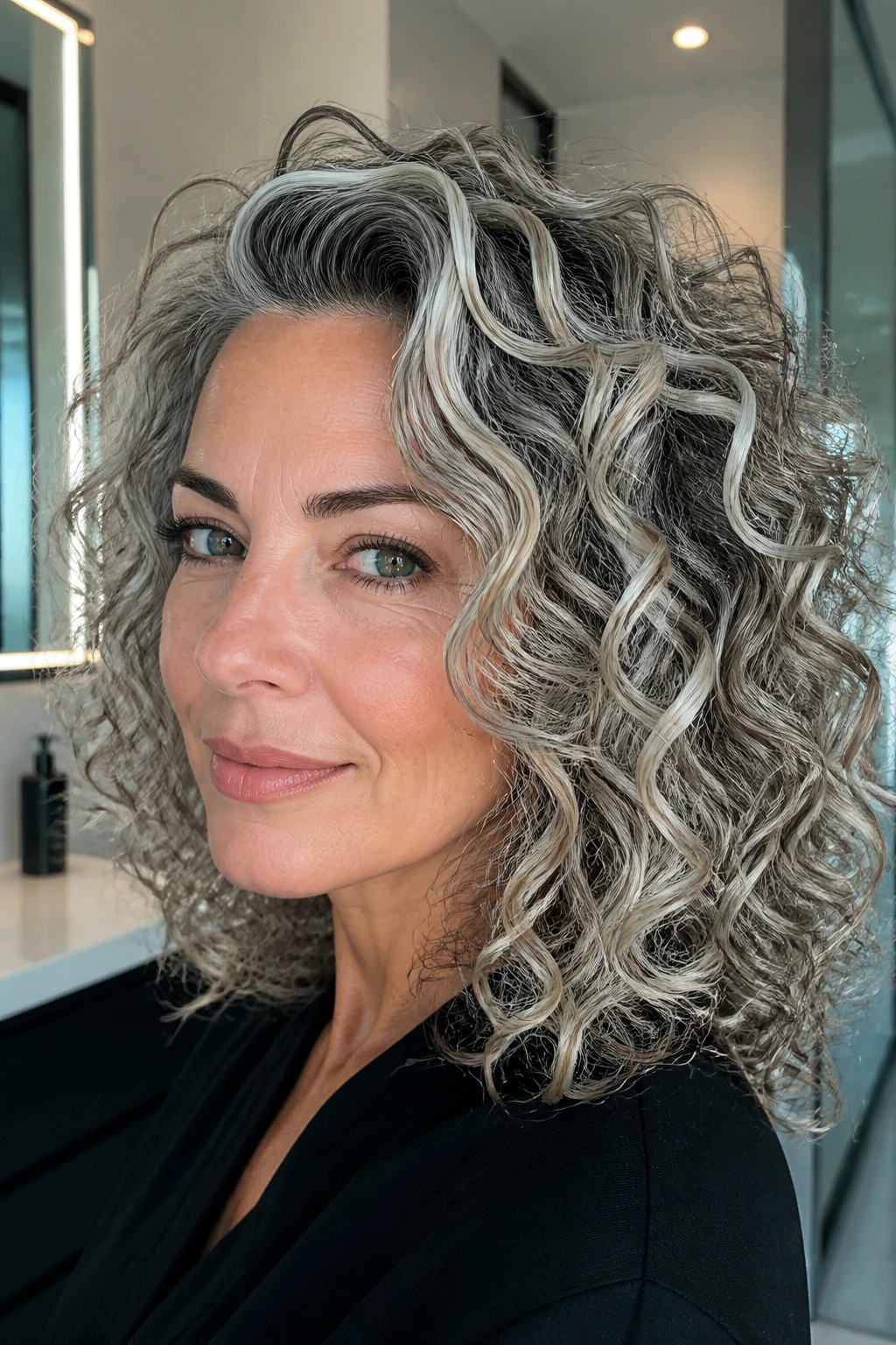 Real woman with peppery hair and icy blonde accents in a bright setting.