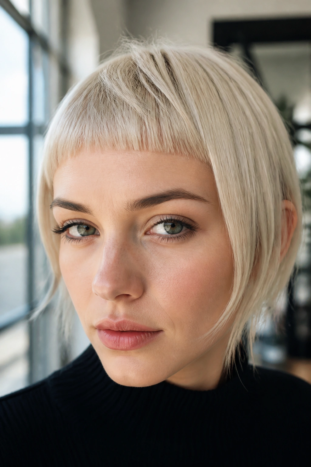 Close-up of a real woman with ice blonde micro bangs and a sharp fringe.