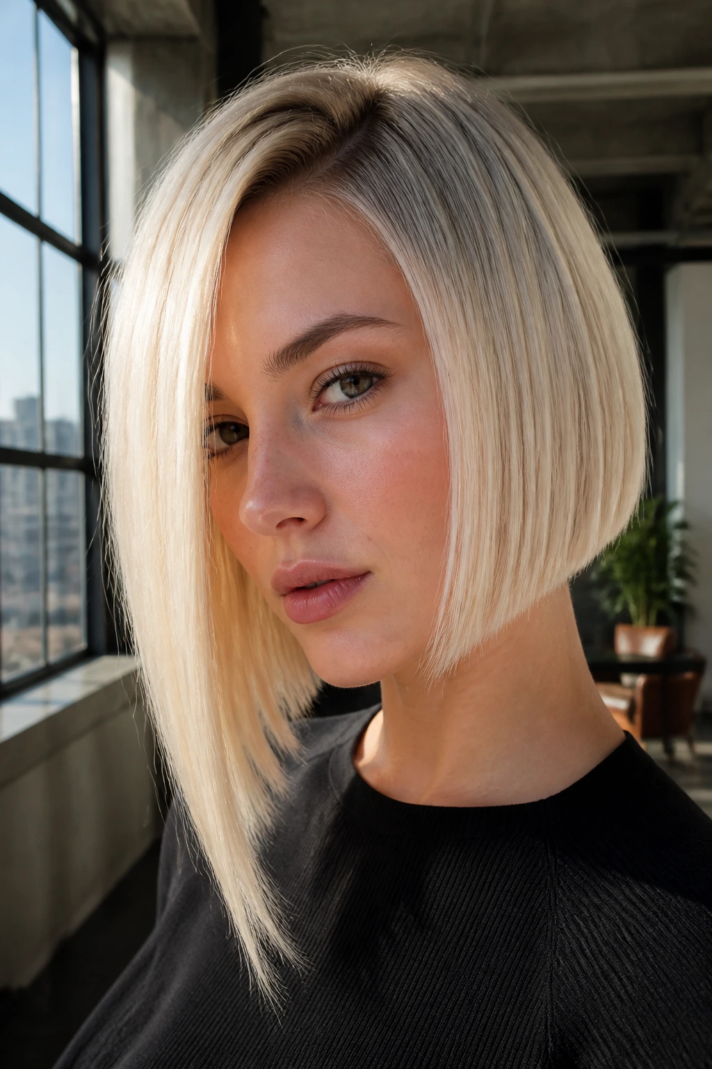 Real woman with blunt bob, one-side longer, ice blonde surface in bright loft