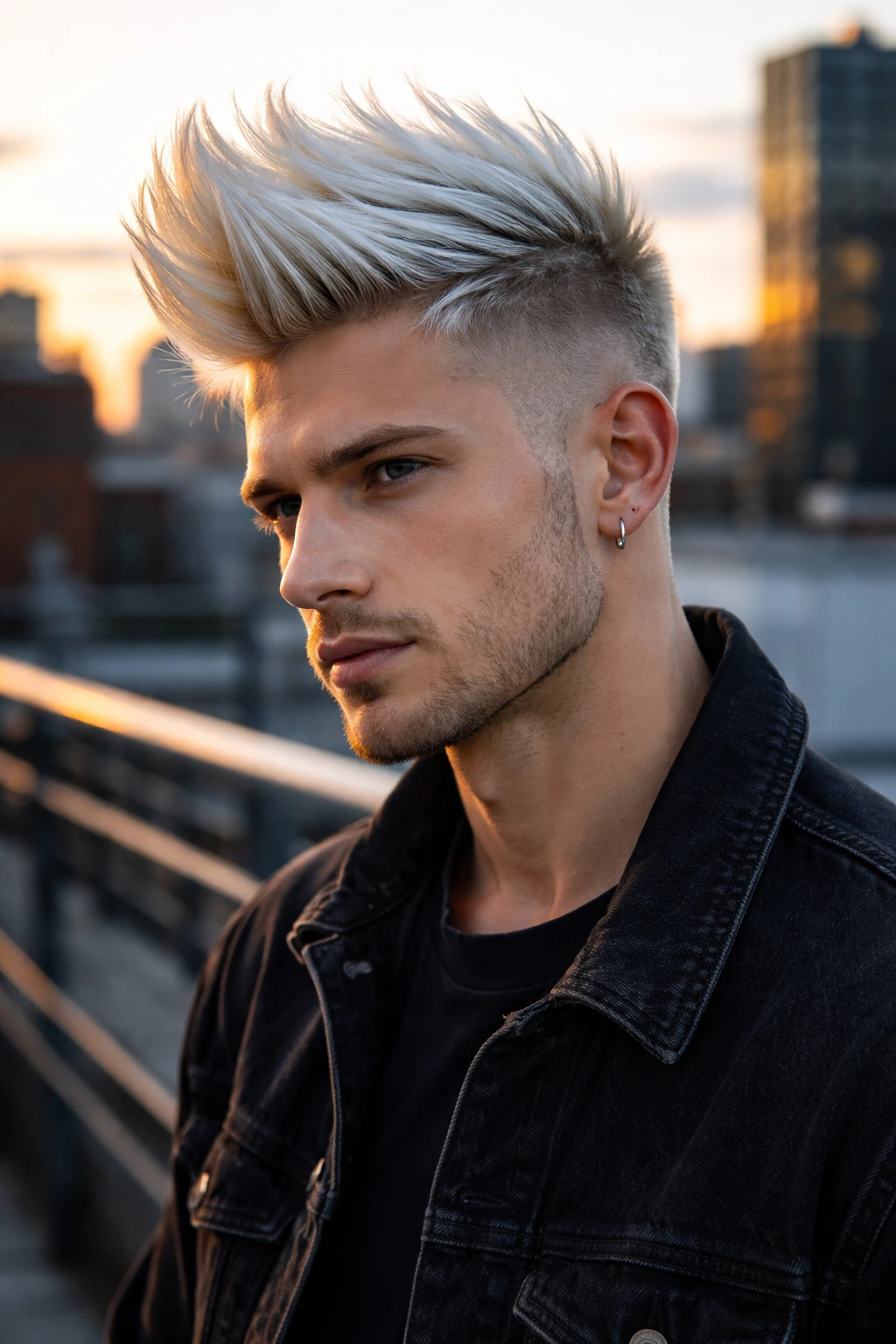 Real person with ice blonde faux hawk showing tall center ridge