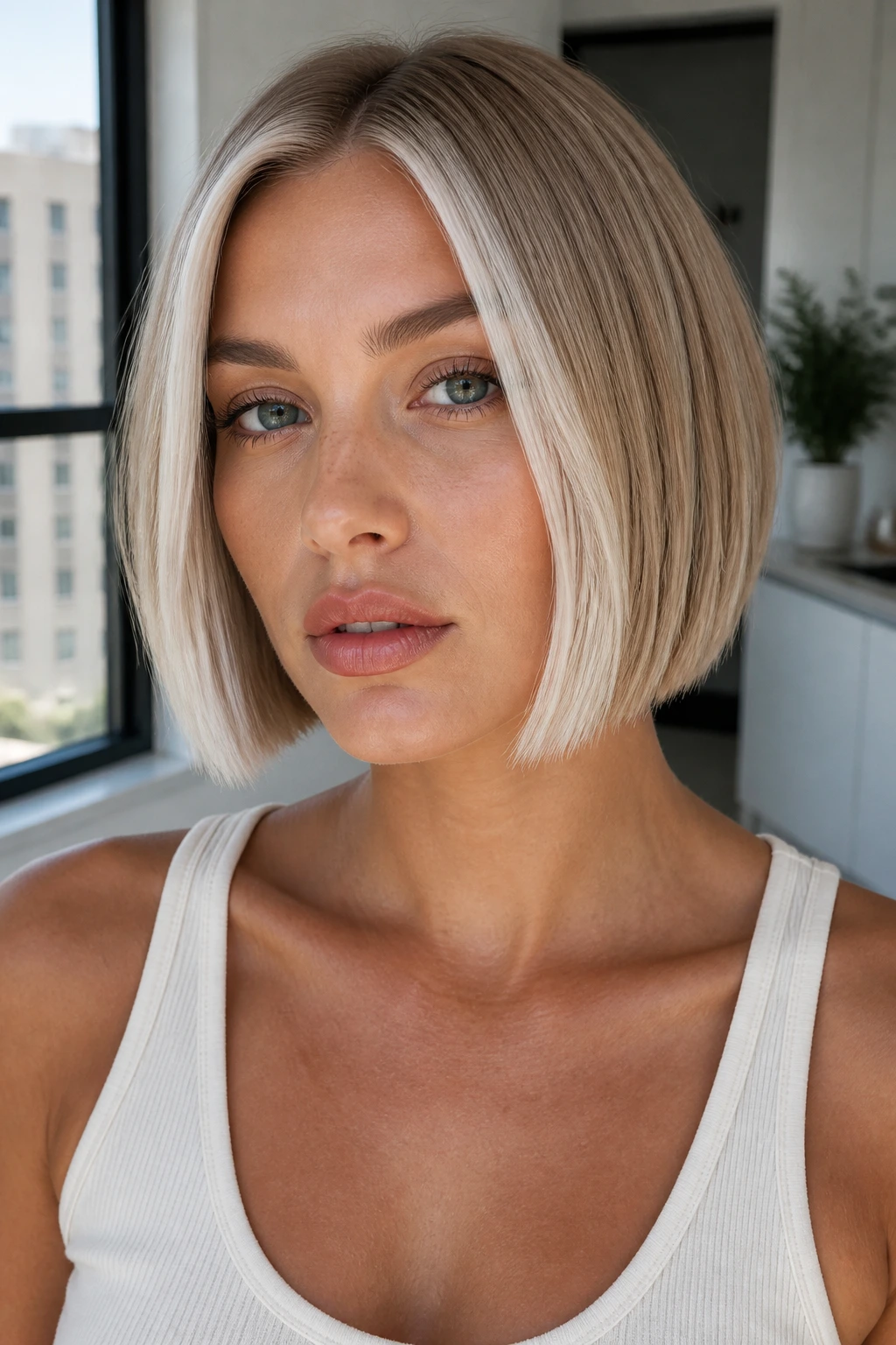 Close-up of a real woman with ice blonde front panels on a blunt short bob.
