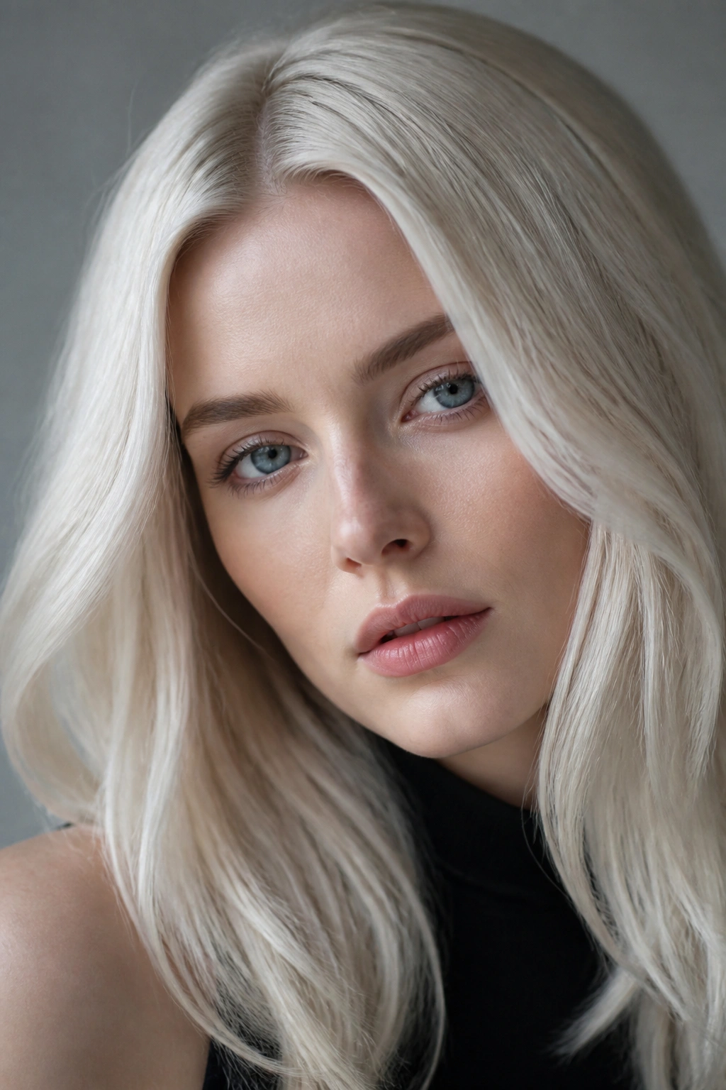 Portrait of a person with ice blonde hair and cool-toned lighting