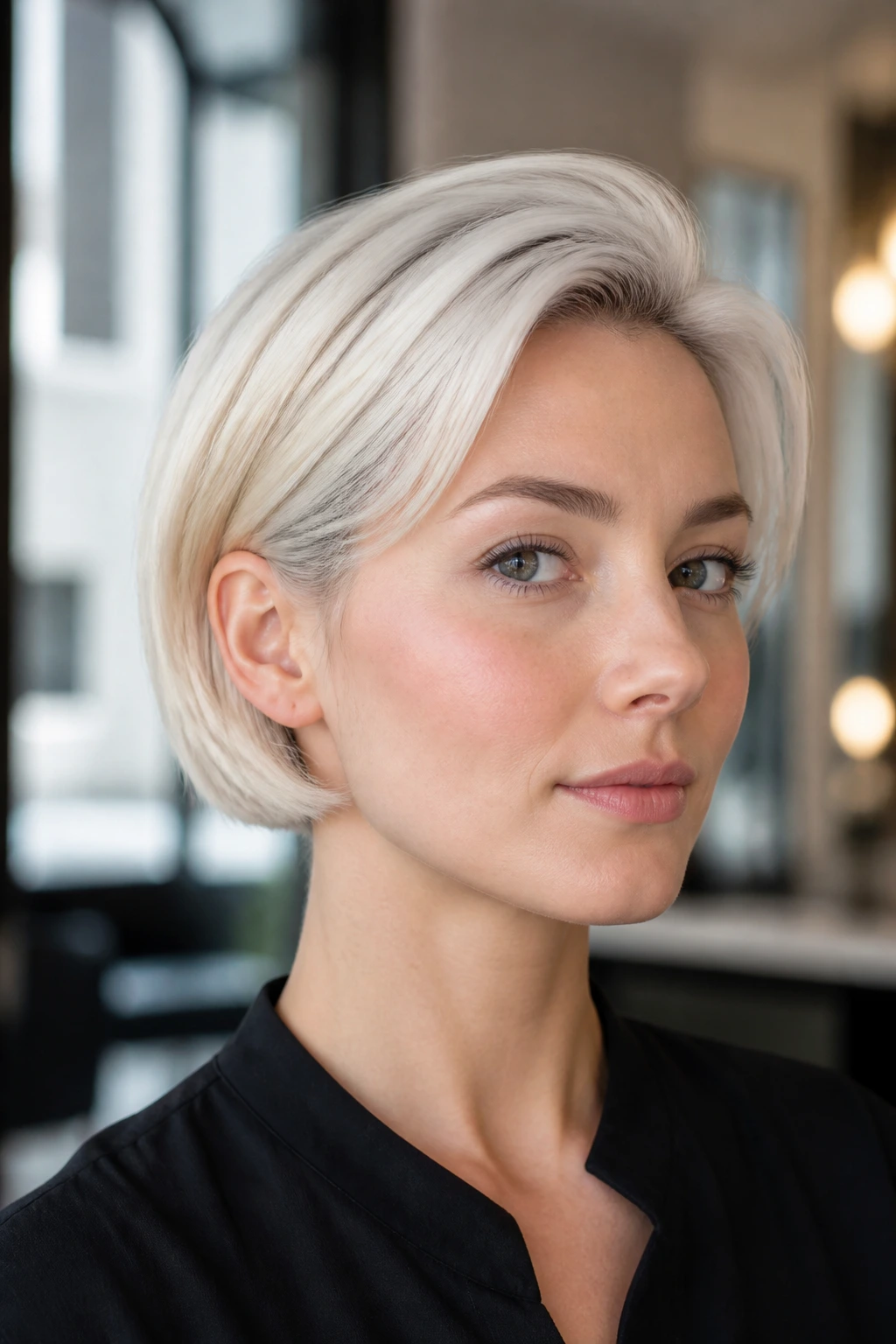 Close-up of a woman with ice blonde micro bob and crown volume