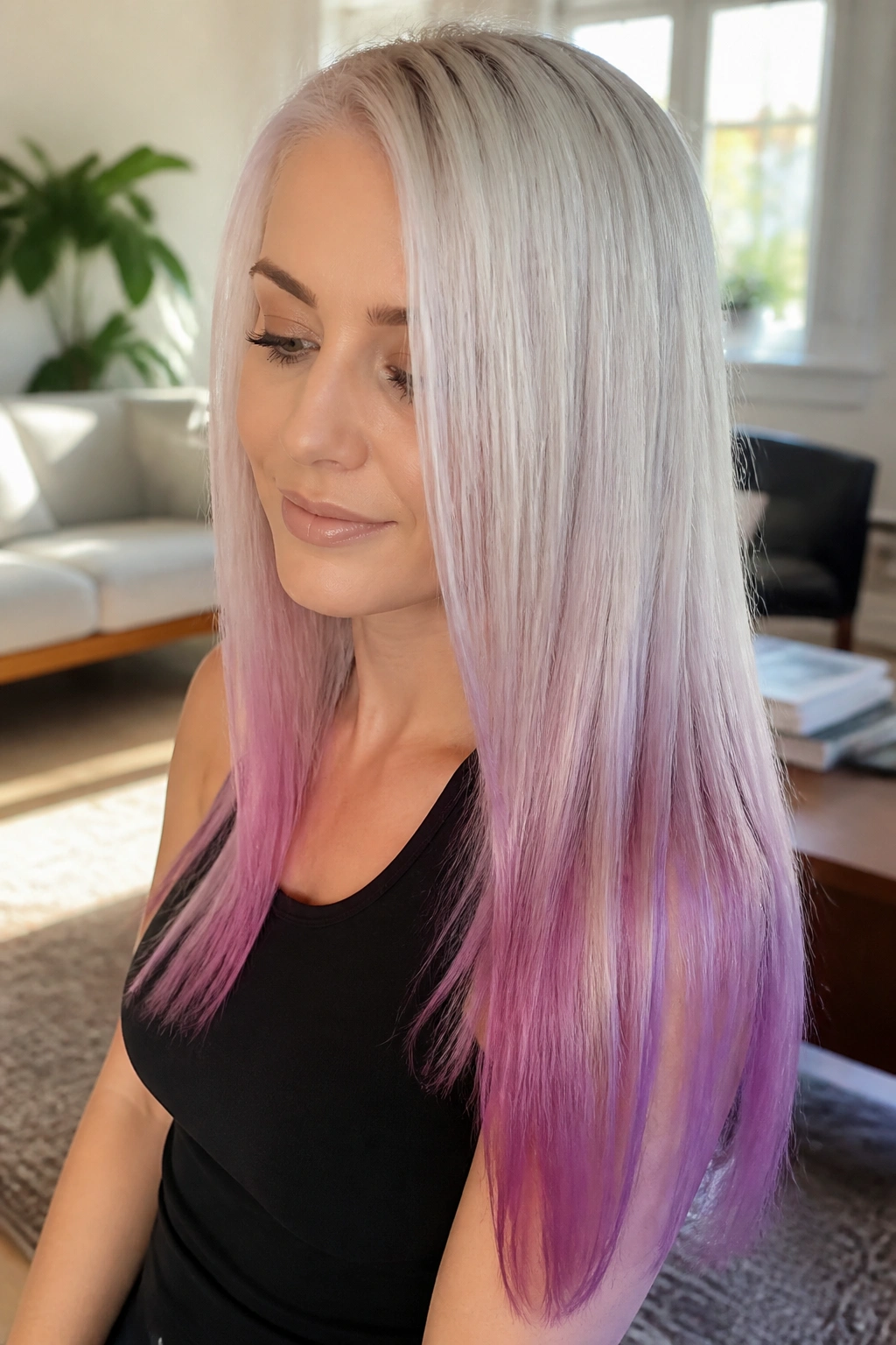 Close-up of a real woman with ice blonde hair fading to orchid ombre on the ends.
