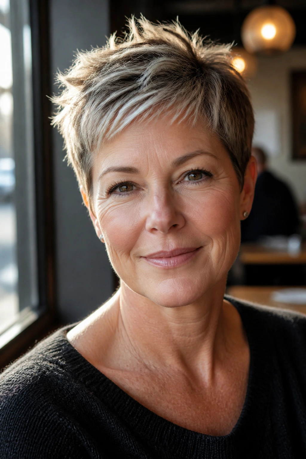 Close-up portrait of a real woman with ice blonde tips on a textured pixie