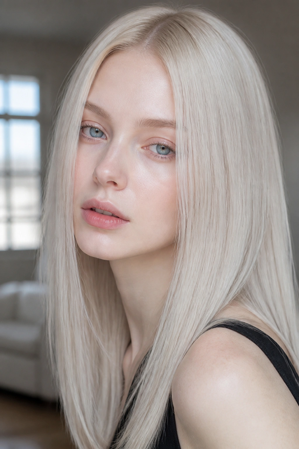 Icy blonde on porcelain skin in a real person portrait.
