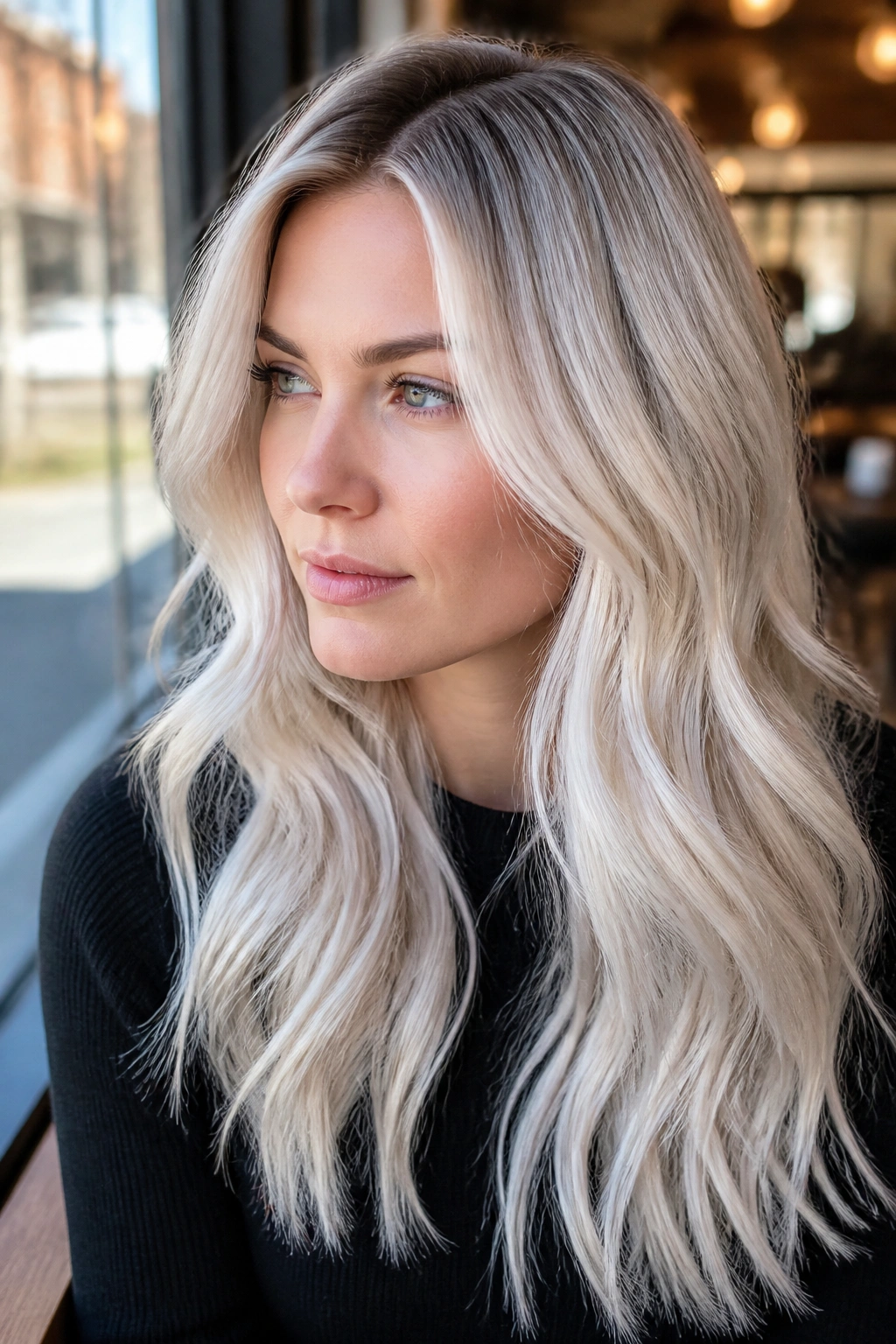 Close-up of a woman with Ice Blonde Shadow Root and icy blonde ends.