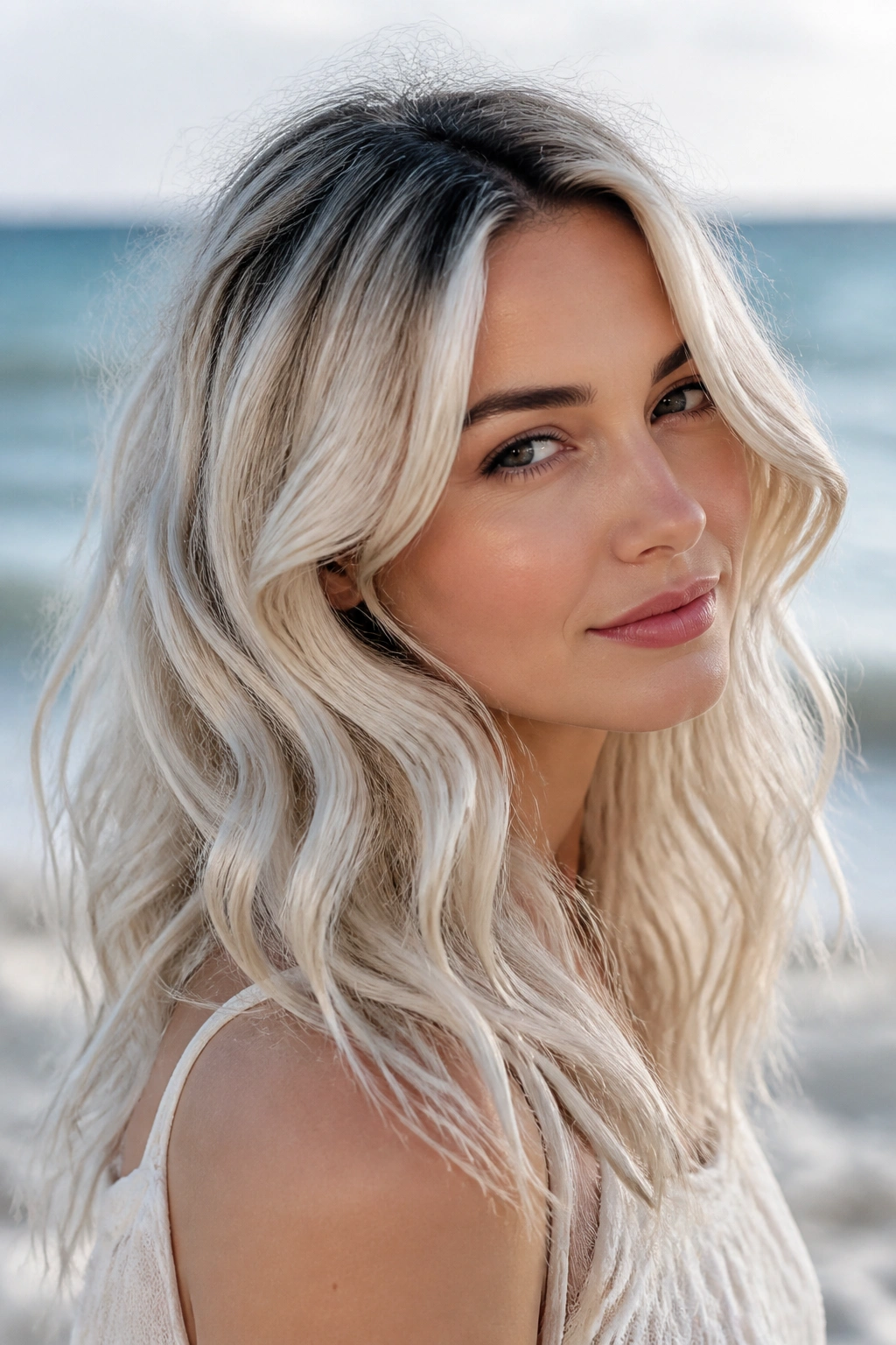 Close-up portrait of a woman with ice blonde waves and a shadow root at a beachside shoot