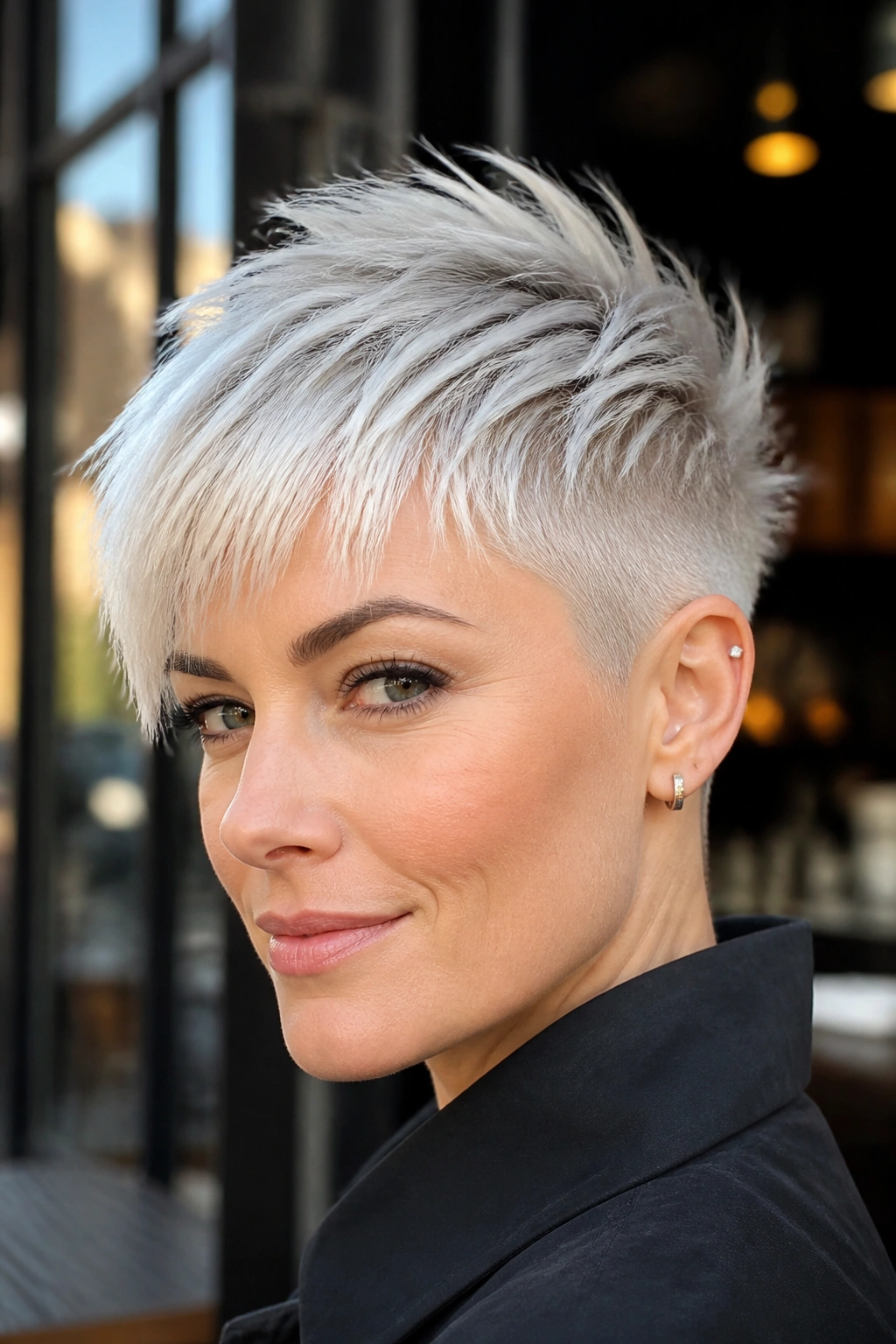 Close-up of a real woman with an ice-blonde undercut pixie