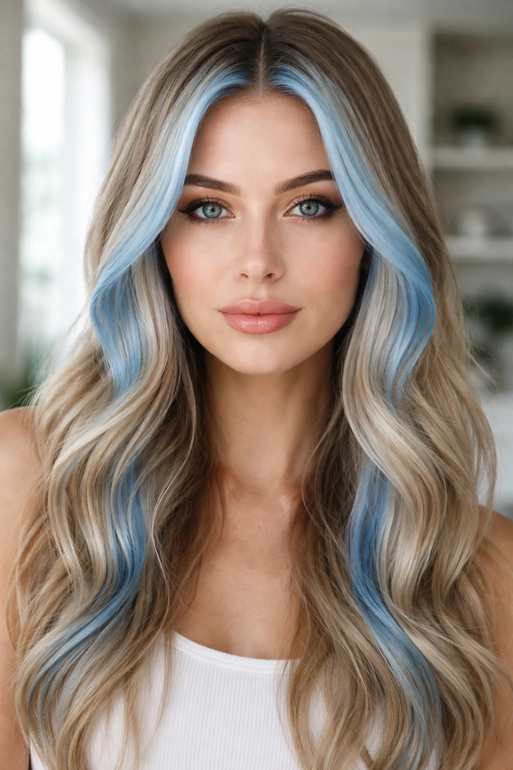 Face-framing ice blue money pieces on ash blonde hair