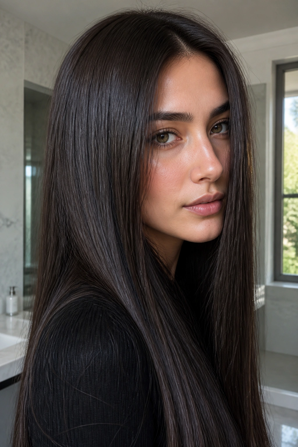 Close-up portrait of a real woman with ice brunette deep glossy cool brown hair
