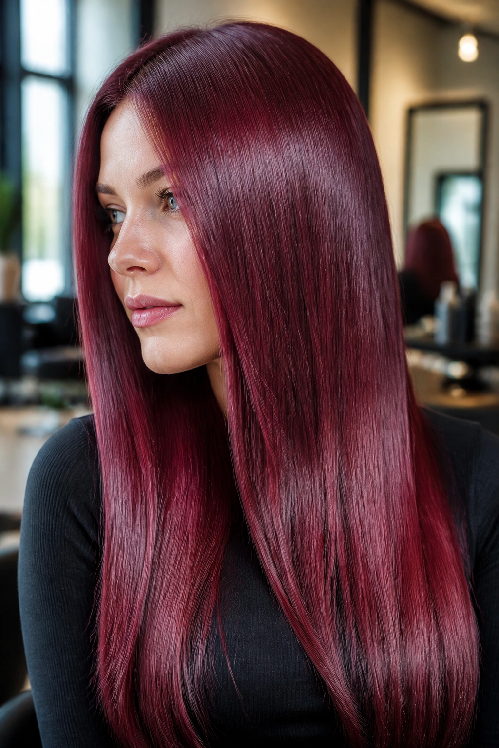 Close-up portrait of cool-toned ice-cherry gloss on straight hair.