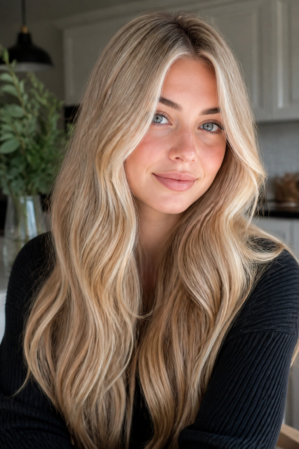 Close-up of ice honey blonde with a warm veil on a real person