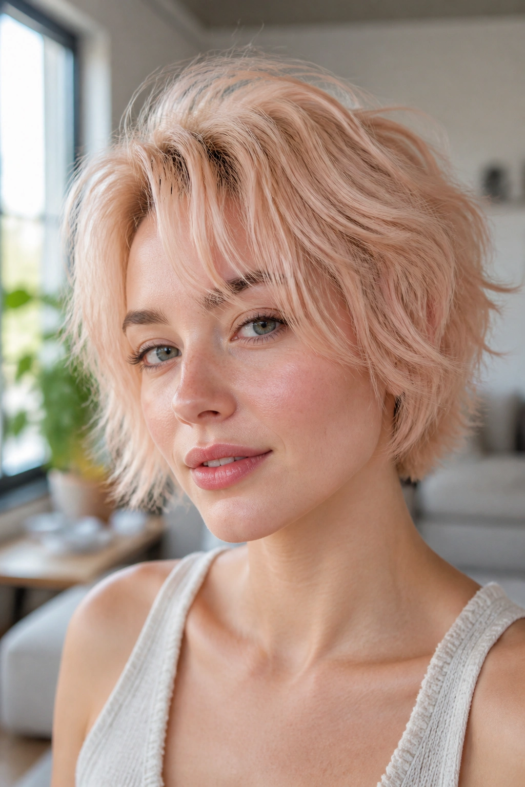 Close-up portrait of a woman with ice peach blonde hair under natural window light