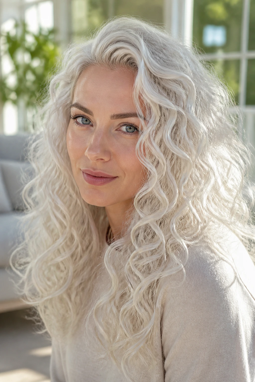 Close-up of a real person with ice queen platinum curls.