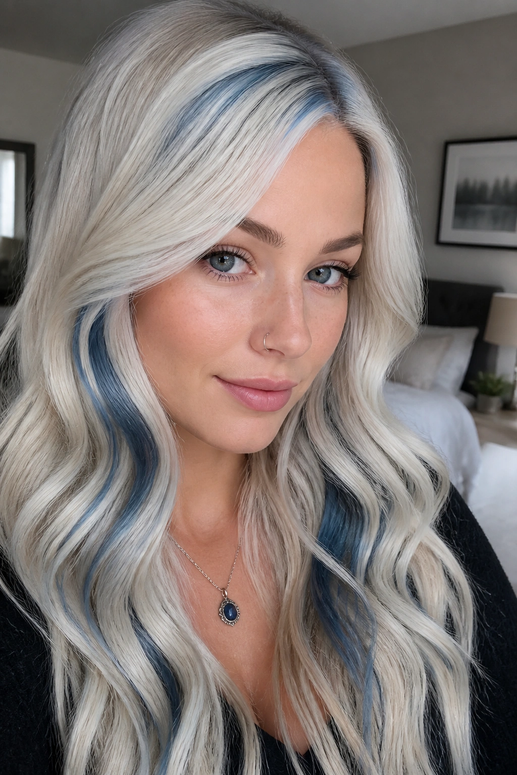 Close-up of a real woman with pale platinum hair and sapphire accents for an icy blue blonde look.