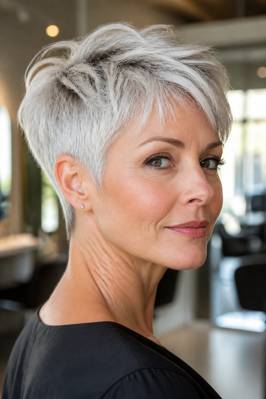 Close-up portrait of a real woman with ice-silver bixie haircut featuring a tapered nape in a sunlit salon