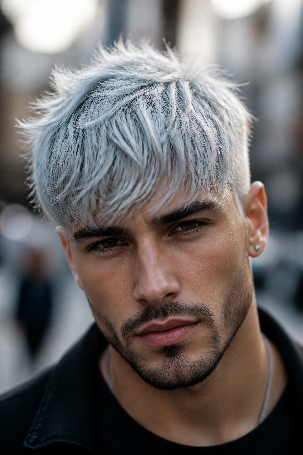 Man with ice-silver fringe framing the forehead in busy street setting