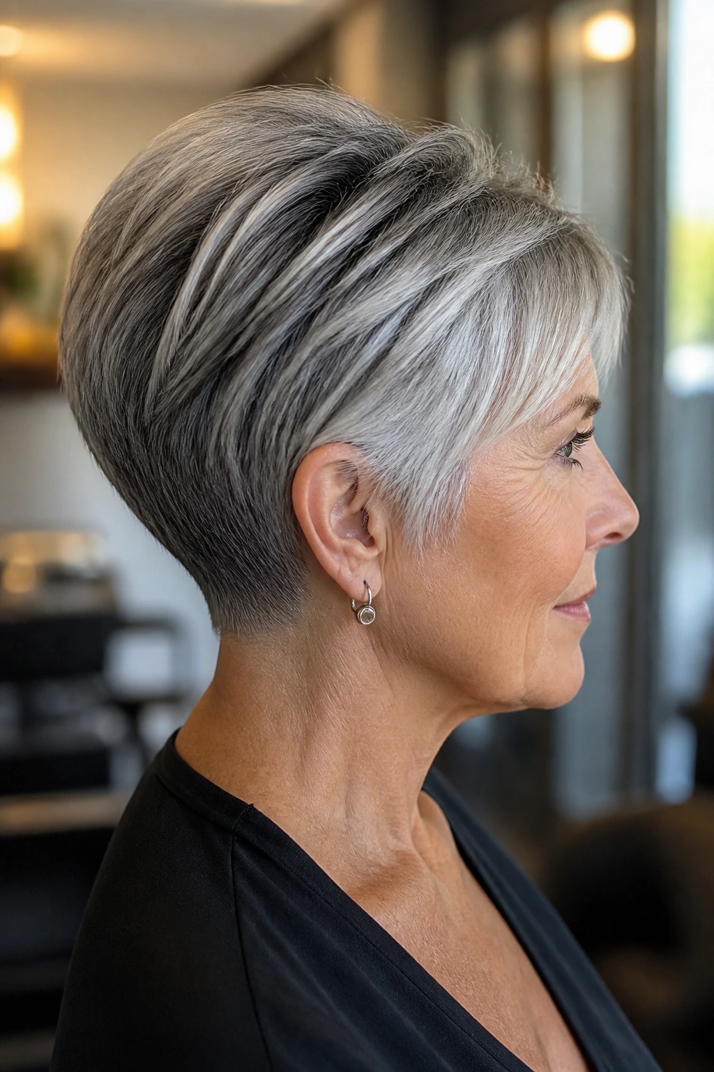 Close-up of an older woman with an ice-silver wedge cut emphasizing crown and curve