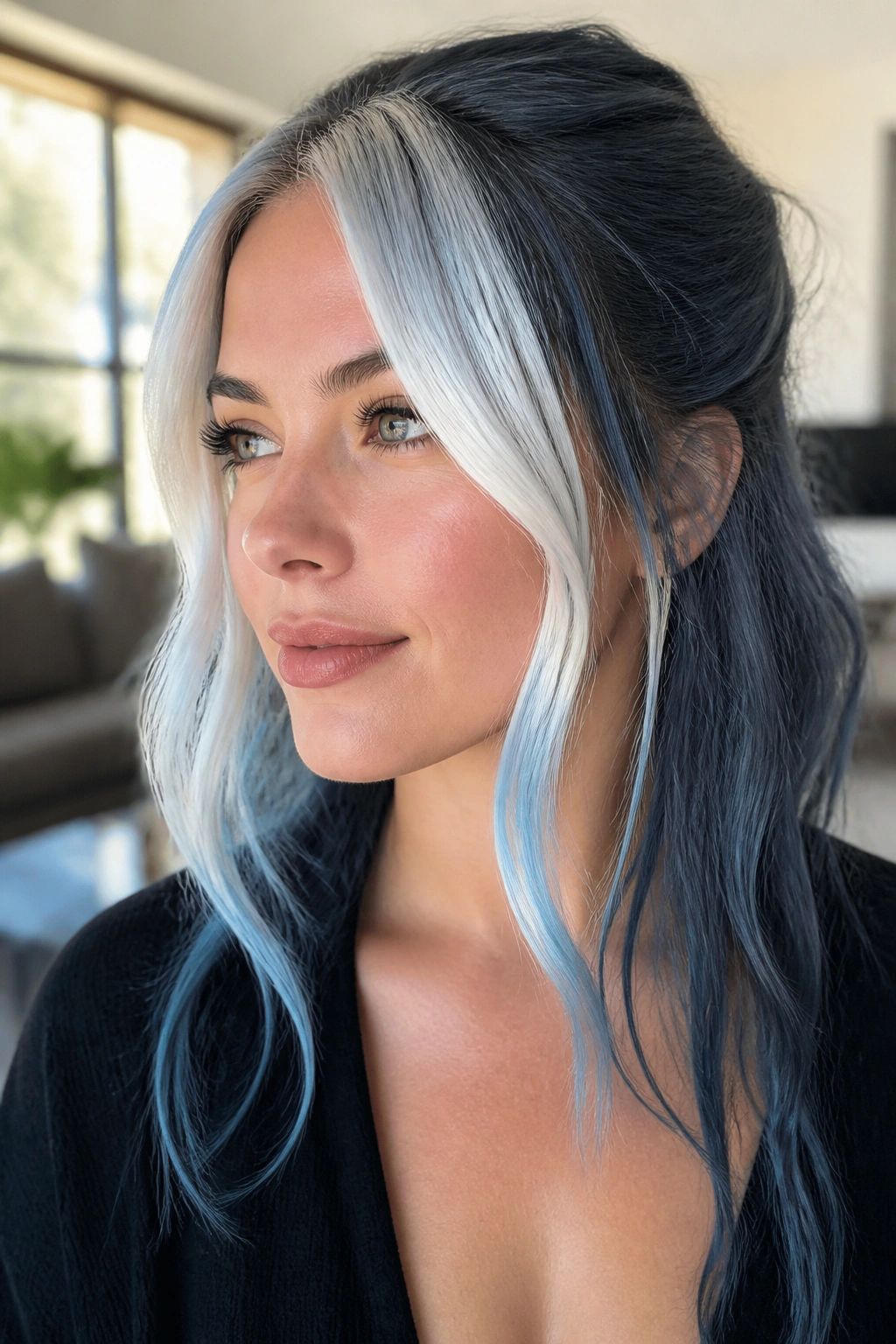Close-up portrait of a real woman with face-framing white-blue ice streaks by a window