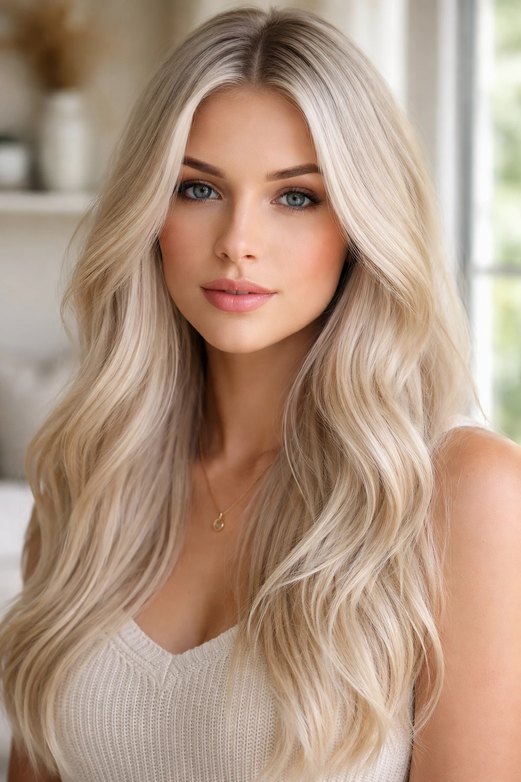 Close-up portrait of a real woman with icy vanilla blonde hair in natural window light