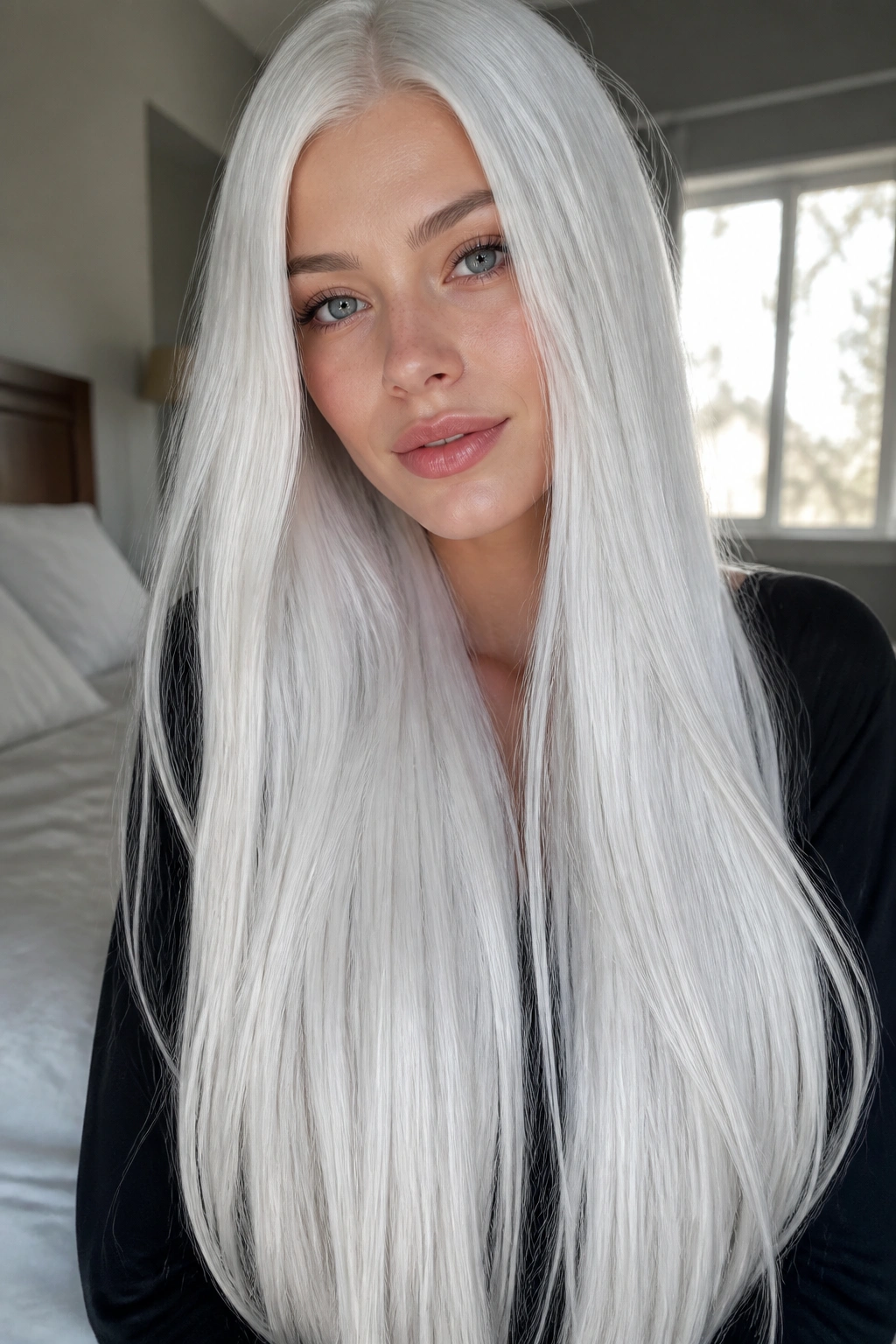 Close-up portrait of a woman with ice-white long hair in natural window light