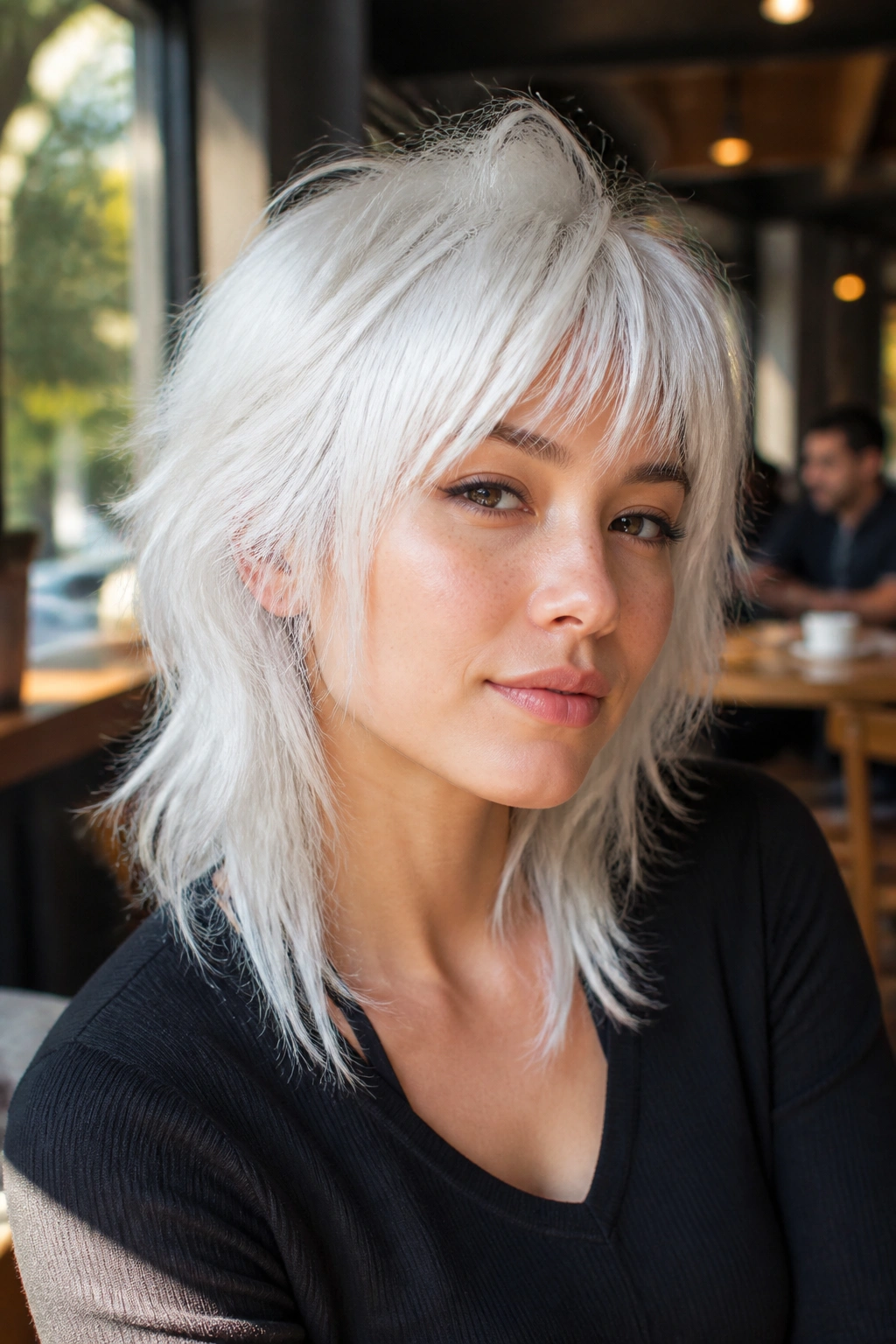 Close-up of a real woman with Ice White Wolf Cut and soft fringe in a sunlit cafe