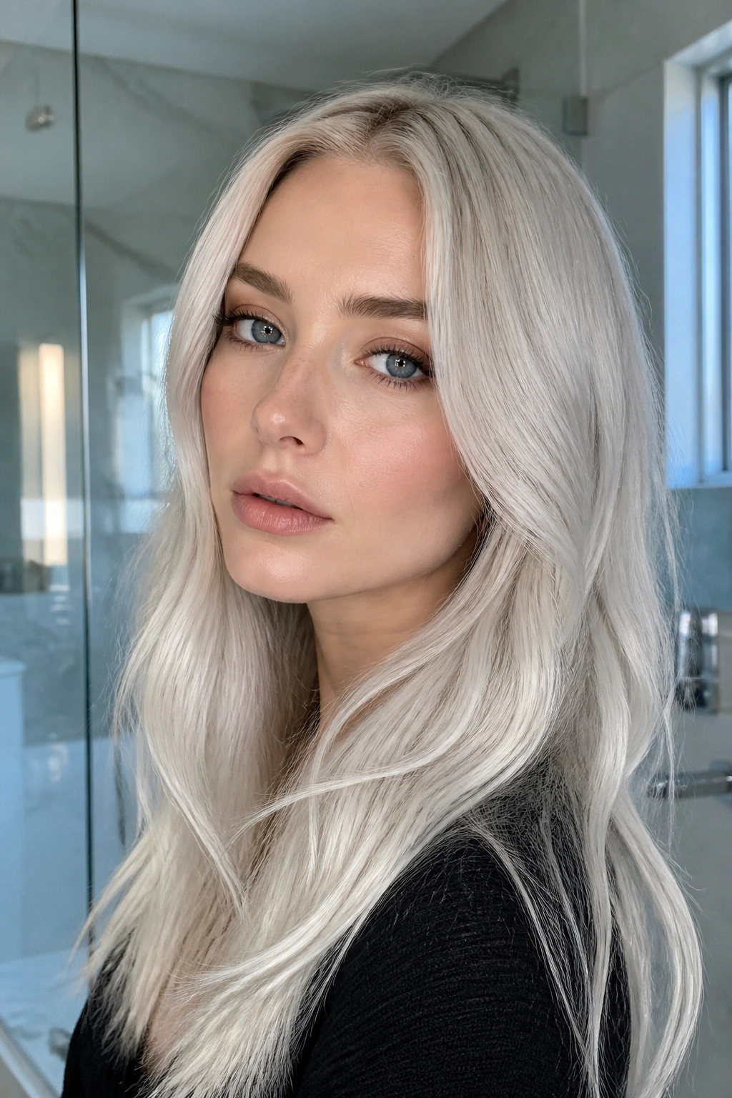 Close-up portrait of a real woman with icebox platinum blonde hair in cool, crisp light