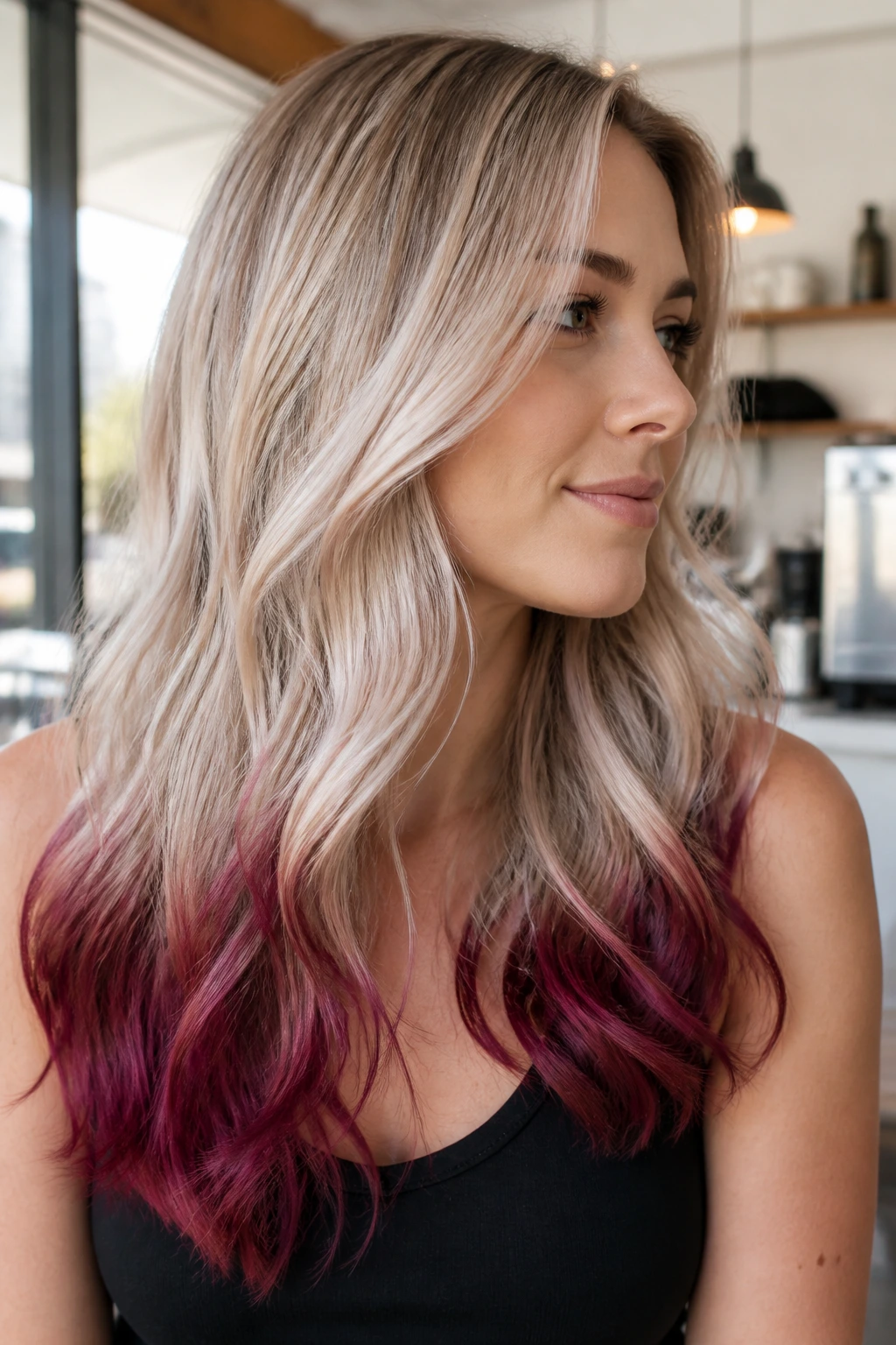 Close-up of a real woman with iced beige blonde and burgundy dip dye